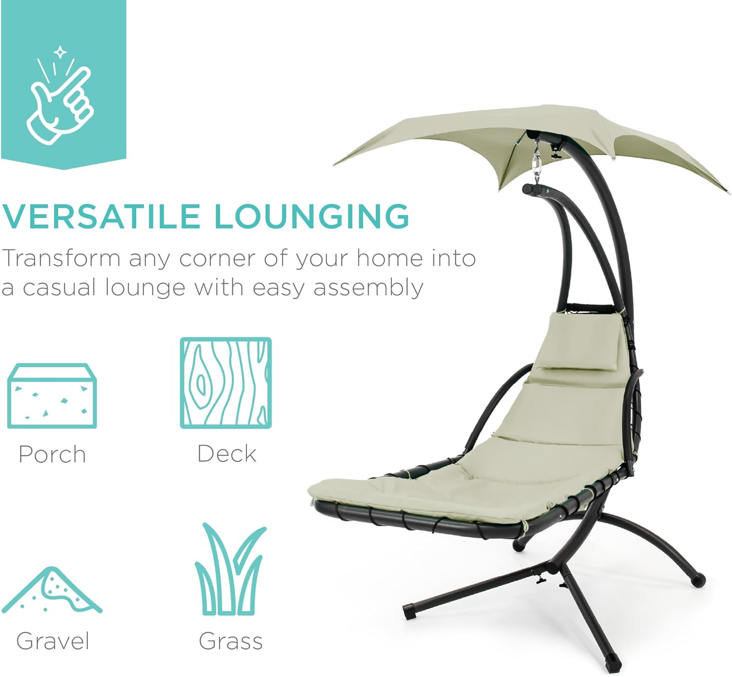 Best Choice Products Outdoor Hanging Curved Steel Chaise Lounge Chair Swing w/Built-in Pillow and Removable Canopy - Teal wourant