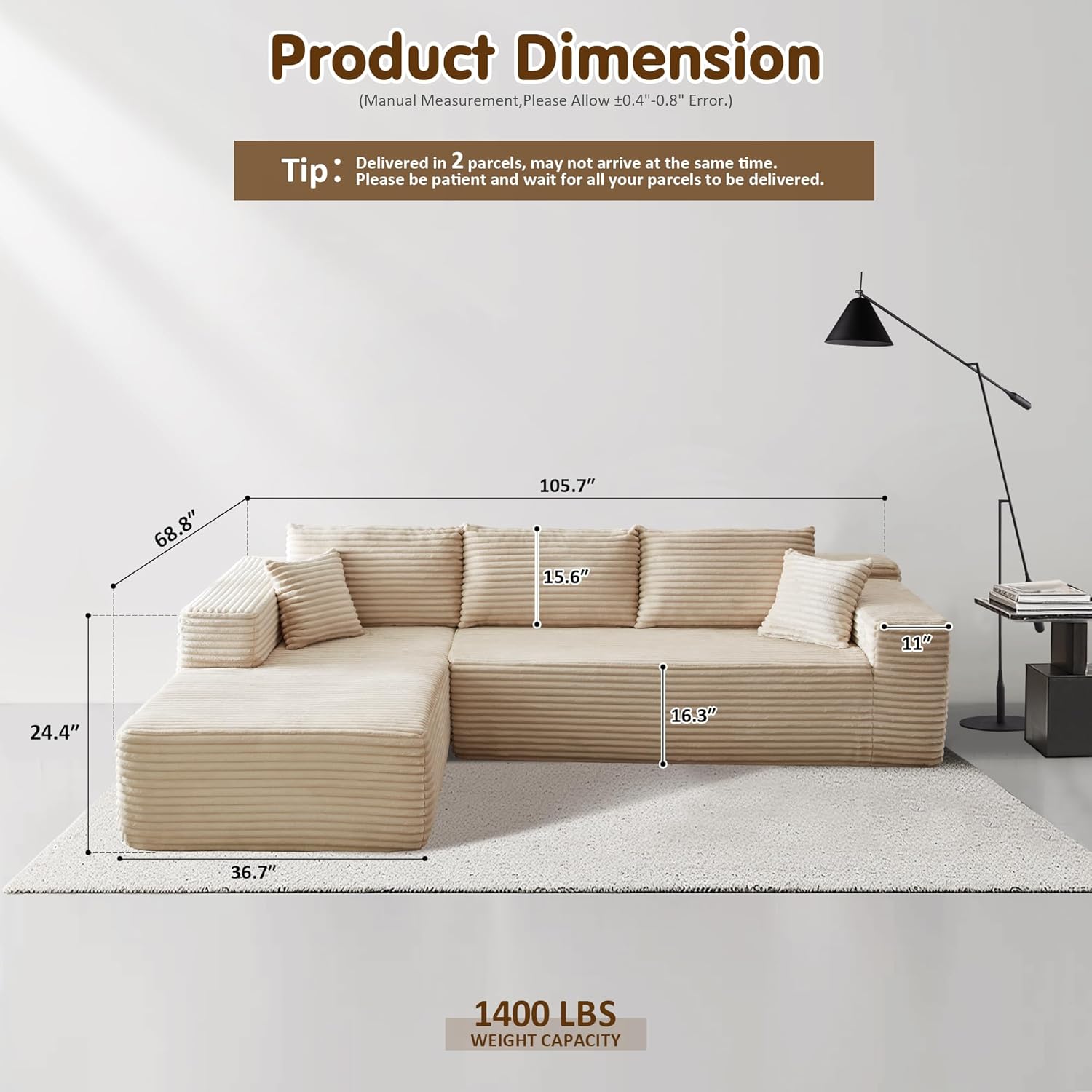 Ovios 104" Cloud Section Sofa L-shaped lounge chair, modern modular sofa wourant