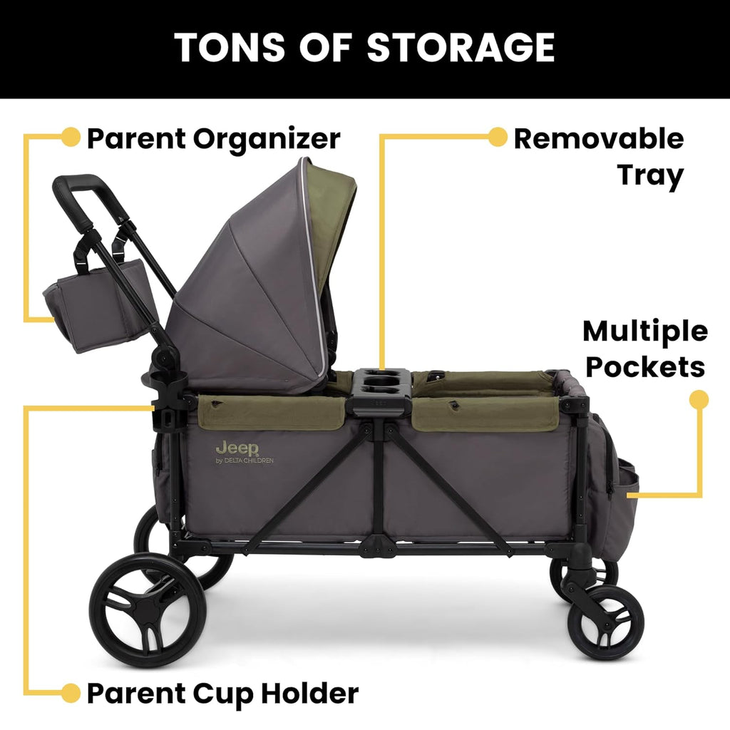 Jeep Sport All-Terrain Stroller Wagon by Delta Children - Includes Canopy, Parent Organizer, Adjustable Handlebar, Snack Tray & Cup Holders, Grey/Olive Green wourant
