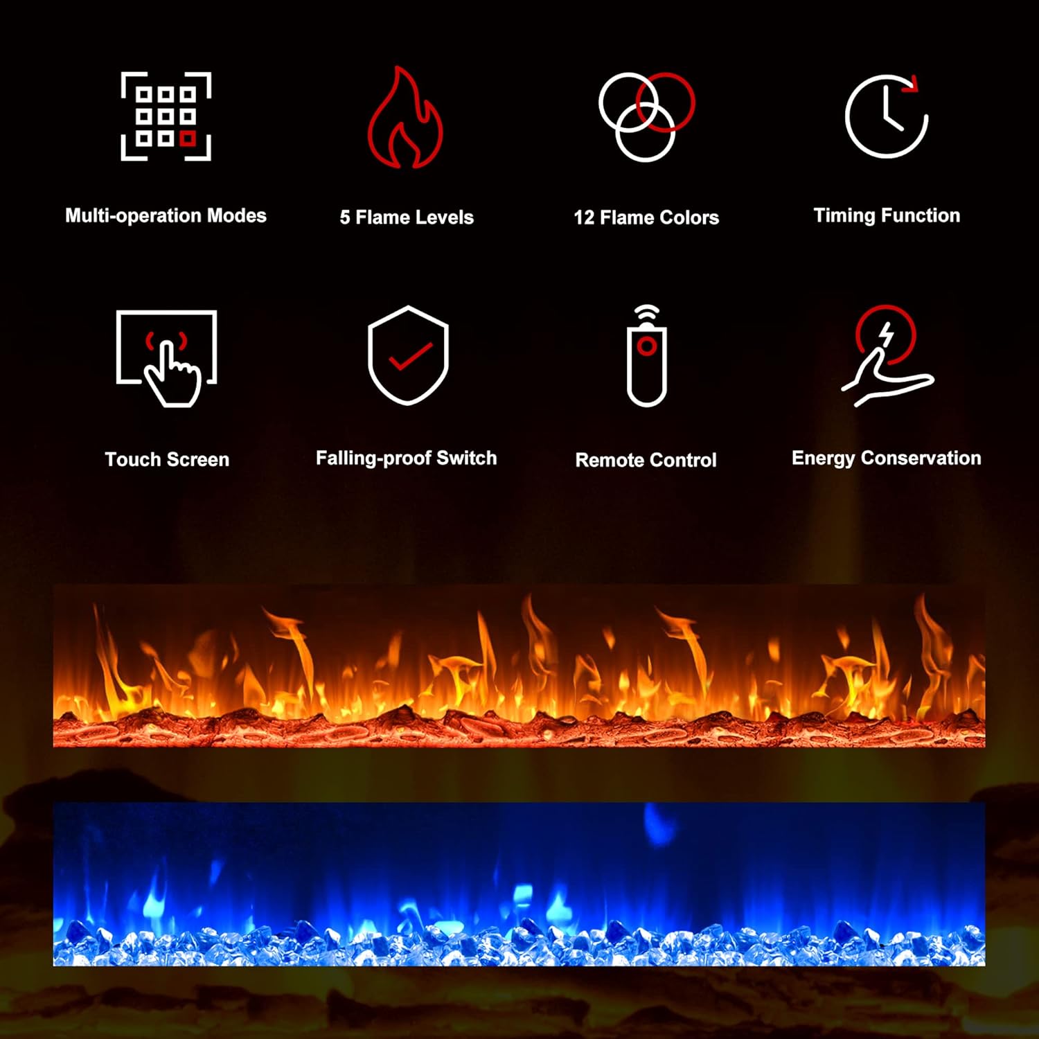 EUHOMY 50 Inch Electric Fireplace Wall Recessed and Wall Mounted with Adjustable Flame Color, Fireplace Heater with Remote Control, Linear Fireplace with Timer, Touch Screen, Log & Crystal, 750/1500W wourant