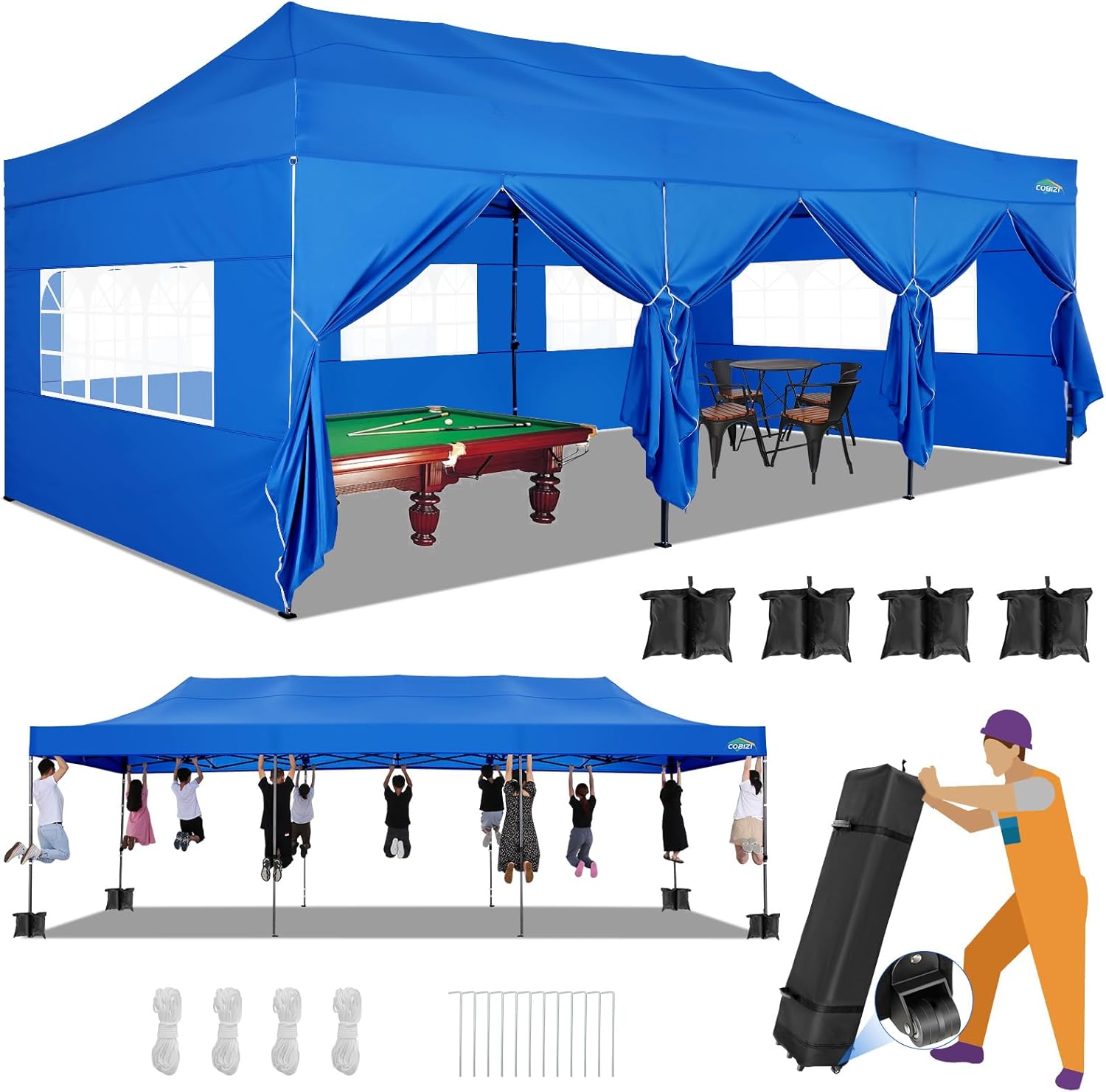 COBIZI 10x20 Heavy Duty Pop up Canopy Tent with 6 sidewalls Easy Up Commercial Outdoor Canopy Wedding Party Tents for Parties All Season Wind & Waterproof Gazebo with Roller Bag,Black(Frame Thickened) wourant