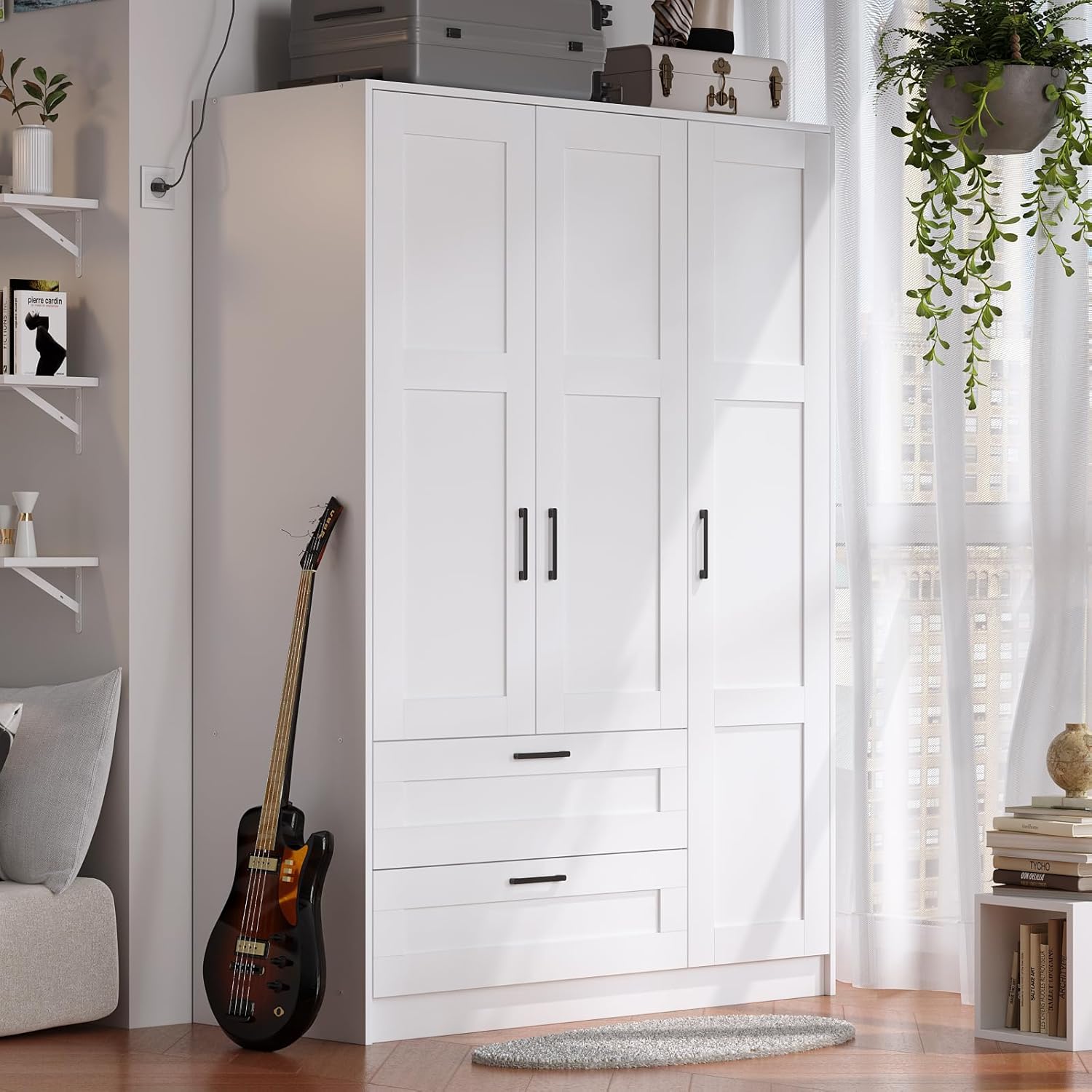 3 Doors Wooden Wardrobe Closet Armoire Bedroom Large Capacity Freestanding Armoire wourant