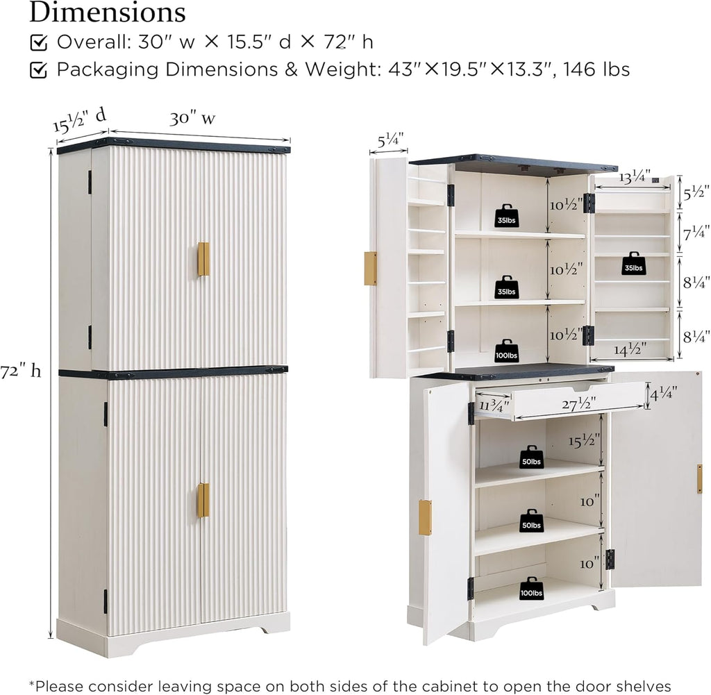Fluted Pantry Cabinet, 72" Tall Modern Storage Cabinet with 4 Doors, Organizer, Drawer and Adjustable Shelves, Wood Cupboard for Kitchen, Dining Room, Living Room and Bathroom, Natural Oak wourant
