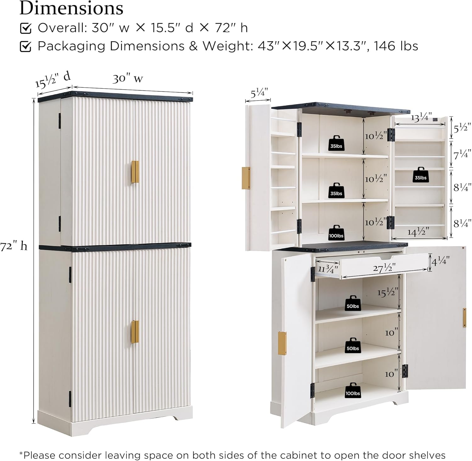 Fluted Pantry Cabinet, 72" Tall Modern Storage Cabinet with 4 Doors, Organizer, Drawer and Adjustable Shelves, Wood Cupboard for Kitchen, Dining Room, Living Room and Bathroom, Natural Oak wourant