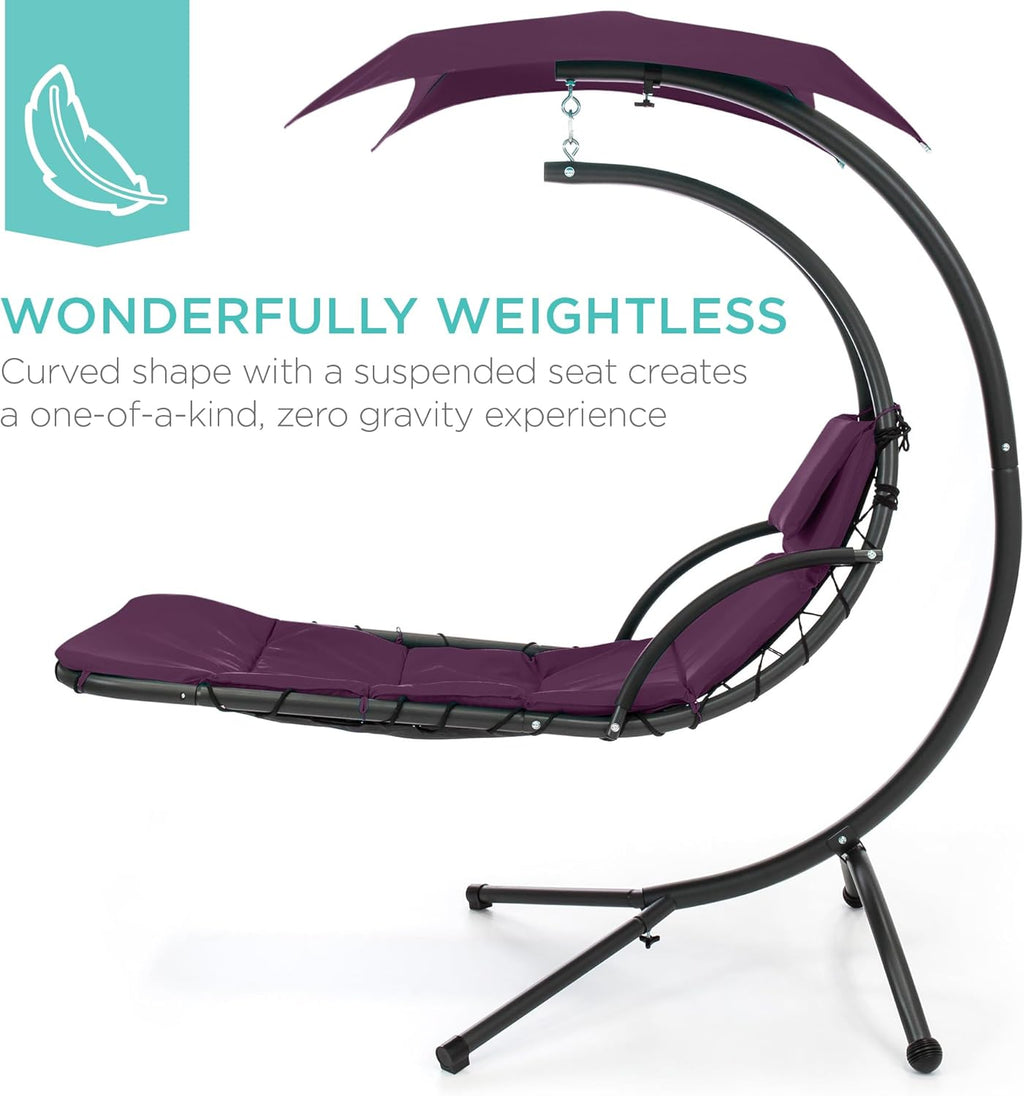 Best Choice Products Outdoor Hanging Curved Steel Chaise Lounge Chair Swing w/Built-in Pillow and Removable Canopy - Charcoal Gray wourant
