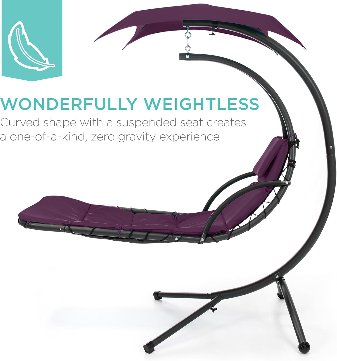 Best Choice Products Outdoor Hanging Curved Steel Chaise Lounge Chair Swing w/Built-in Pillow and Removable Canopy - Charcoal Gray wourant