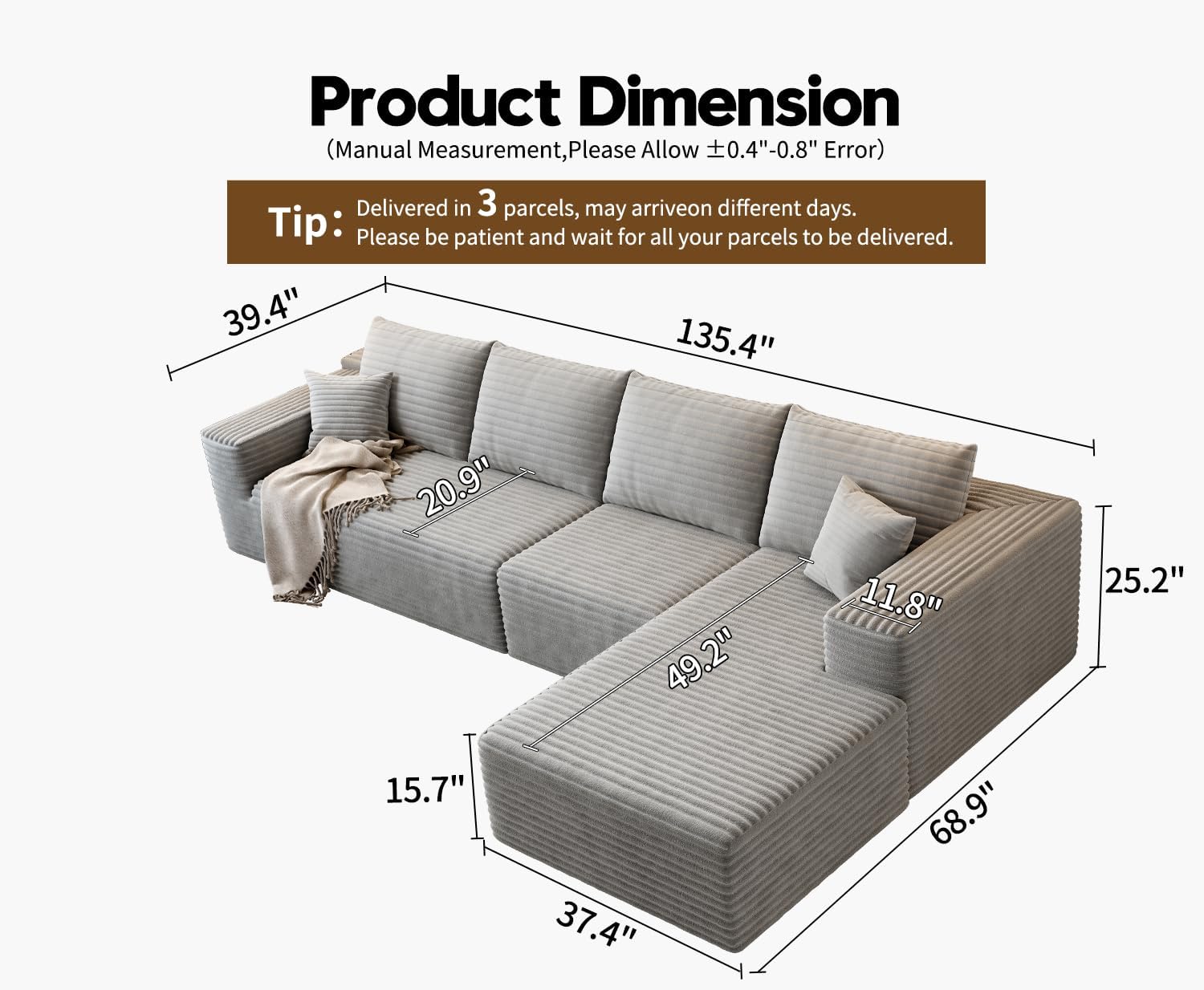 107.5 inch Cloud Modular Sectional Sofa with L-Shaped Chaise Lounge, Modern Minimalist Upholstered Sofa Deep Seating Corner Sofa wourant