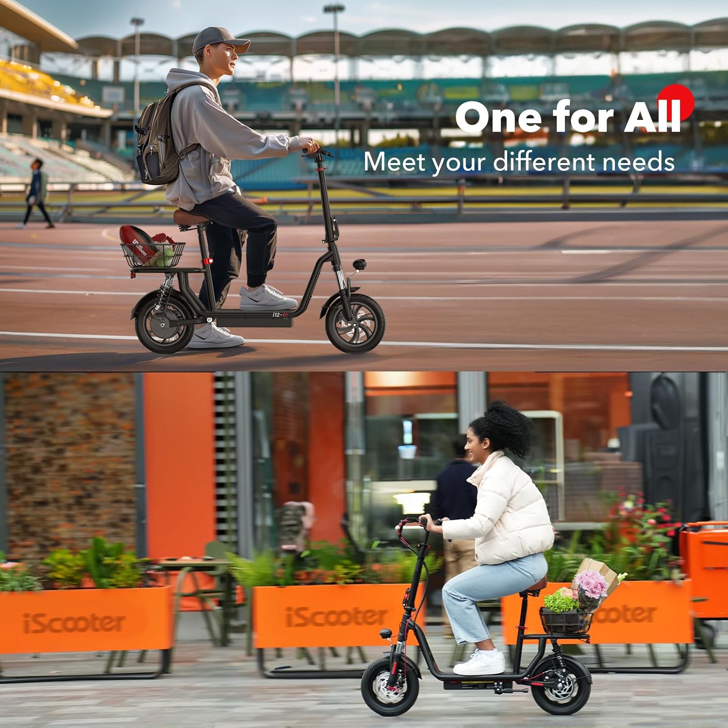 iScooter electric scooter with seat, 37/21 mile range, 28/19/15.6 mph top speed, dual suspension scooter with basket wourant