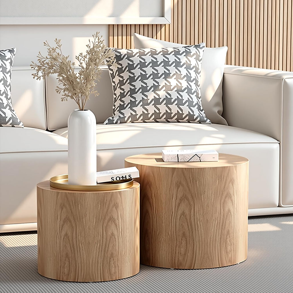 Nesting Coffee Table Set of 2, Modern Round Coffee Table with Non-Slip Feet, Walnut Wooden Circle Accent Tables for Small Spaces Living Room Bedroom Balcony Office Drum Side Table (Walnut) wourant