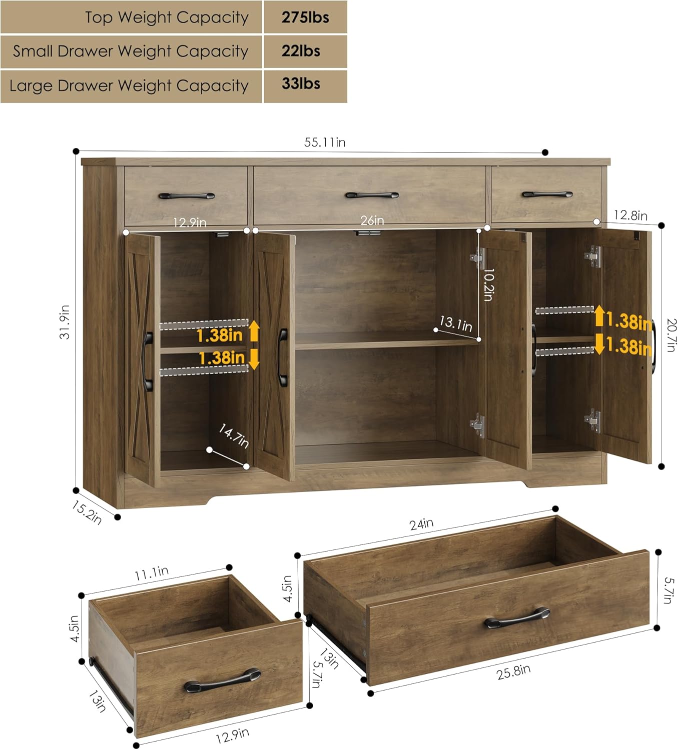 Sideboard with drawers, large 55-inch sideboard, sideboard storage with shelves and doors, modern farmhouse coffee bar wood kitchen dining table wourant