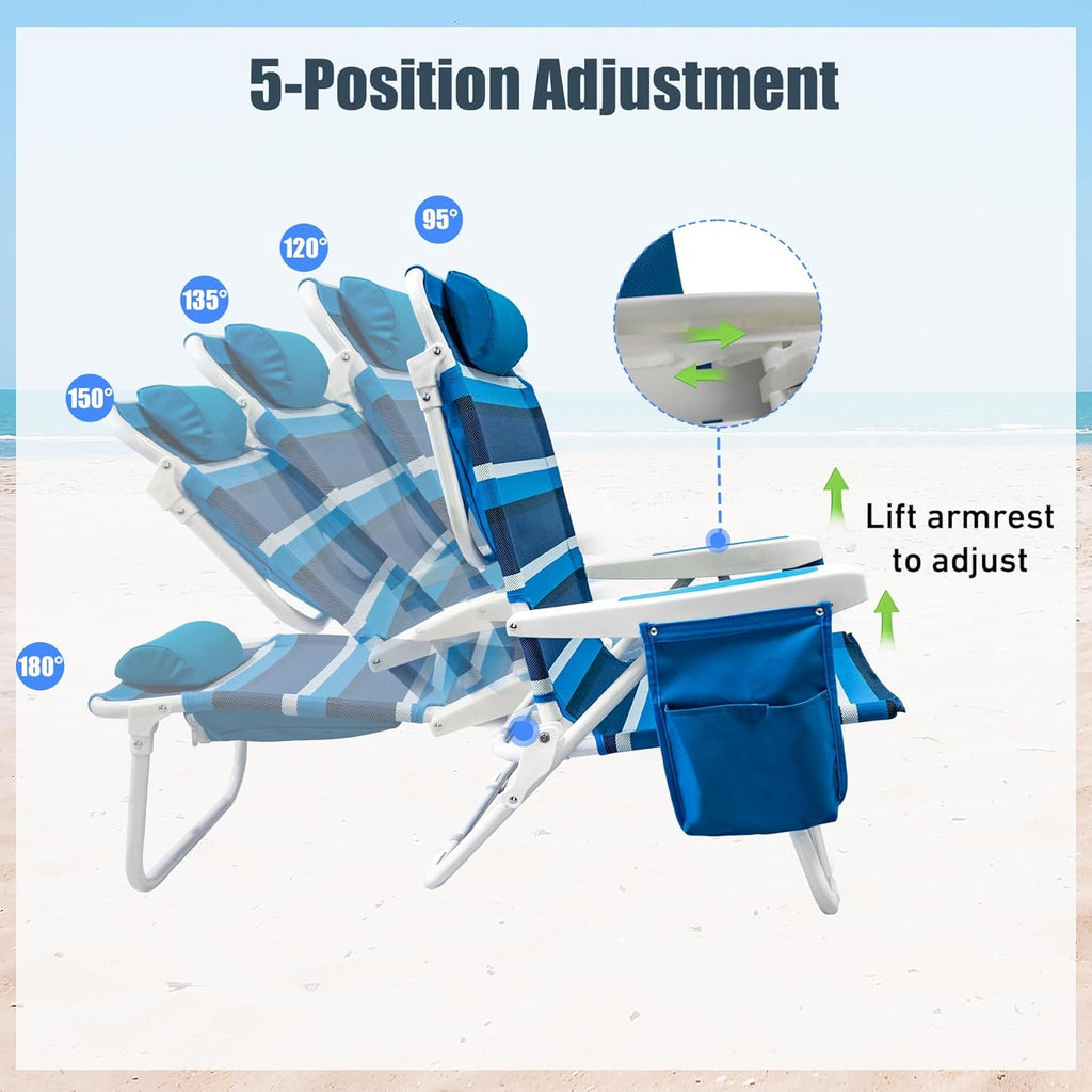 Beach Chair 2 Pack 5 Positions Textilene Folding Reclining Beach Chair with Backpack Straps Cooler Bag & Cup Holder for Outdoor Lawn Camping wourant