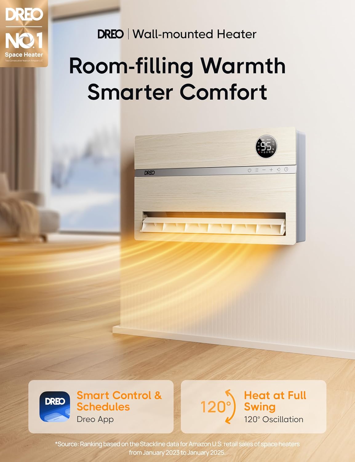 Smart wall mounted heater, bedroom electric heater, 1500W adjustable thermostat 24-hour timer easy to install indoor heater wourant