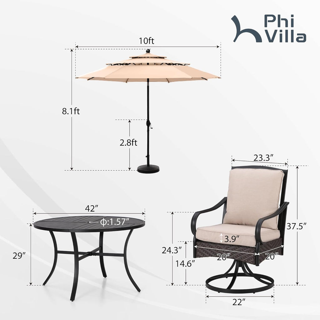 PHI VILLA 6-Piece Outdoor Dining Sets, All-Weather Patio Table and Chairs Set with Umbrella for 4, Heavy Duty Patio Round Table Set for Deck, 4 Extra Large Outdoor Swivel Chairs with Thick Cushions wourant