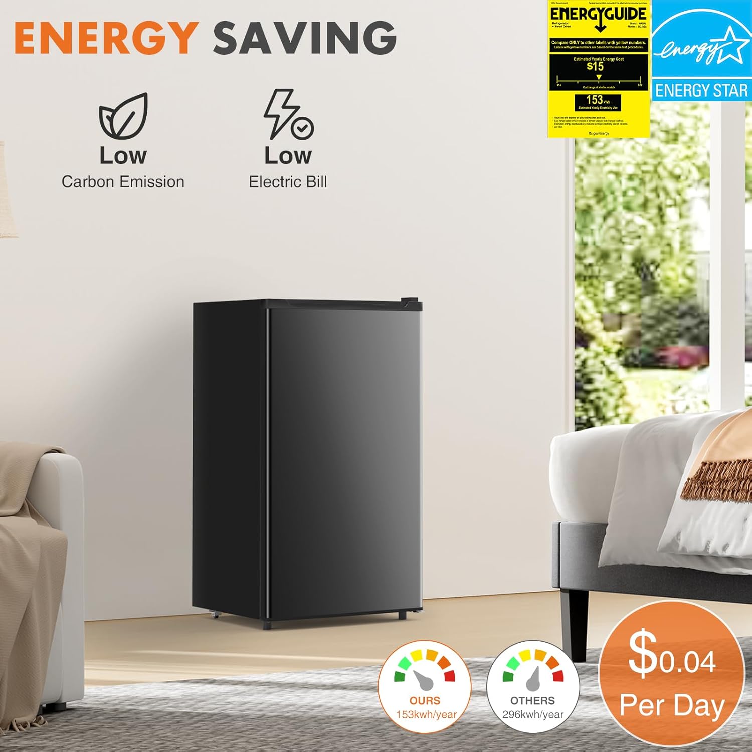 Sweetcrispy 3.2 Cu.Ft Mini Fridge with Freezer Small Refrigerator Single Door Adjustable Thermostat Energy-efficient Low Noise, Compact Fridge for Bedroom, Office, Dorm (Black) wourant