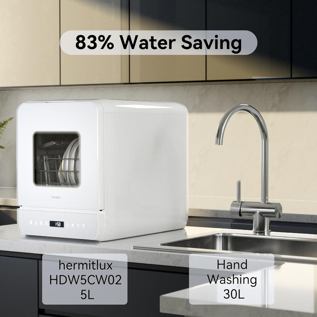 Hermitlux Countertop Dishwasher, 7 Washing Programs Portable Mini Dishwasher with 5-Liter Built-in Water Tank for Apartments & RVs, LED Light, Glass Door, No Hookup Needed wourant