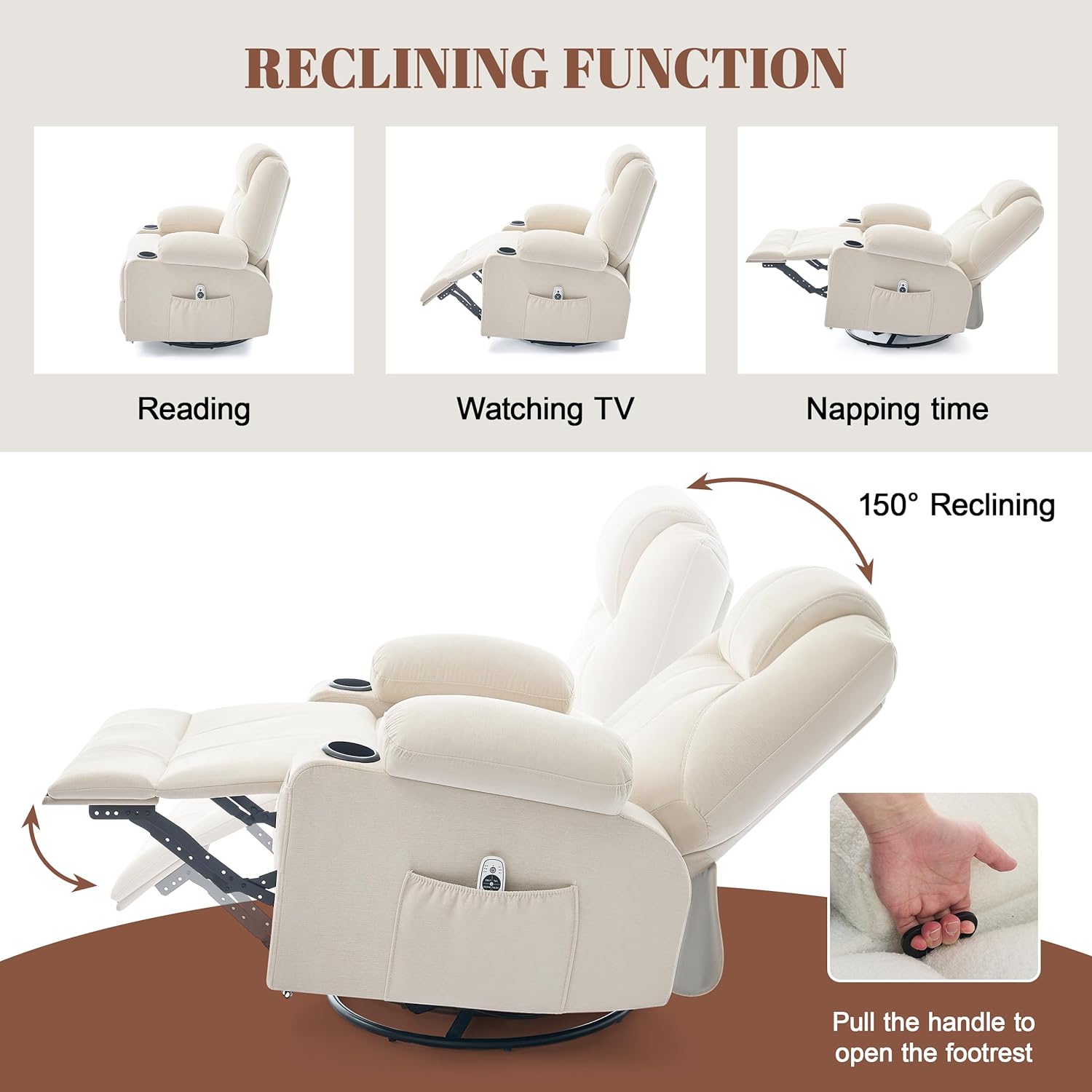 Large Swivel Rocking Recliner with Heating and Massage Function, 360 Degree Swivel Rocking Single Sofa wourant