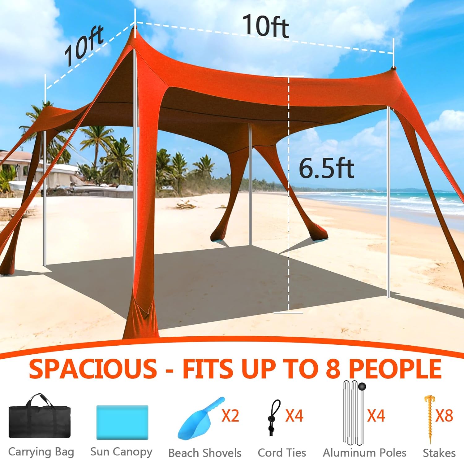 Beach Tent Sun Shelter, 10 x 10 FT Beach Canopy Tent Sun Shade Heavy Duty, UPF50+ Beach Tent Canopy with 8 Sandbags & 4 Stability Poles, Outdoor Beach Shade Canopy for Camping and Fishing, Blue wourant