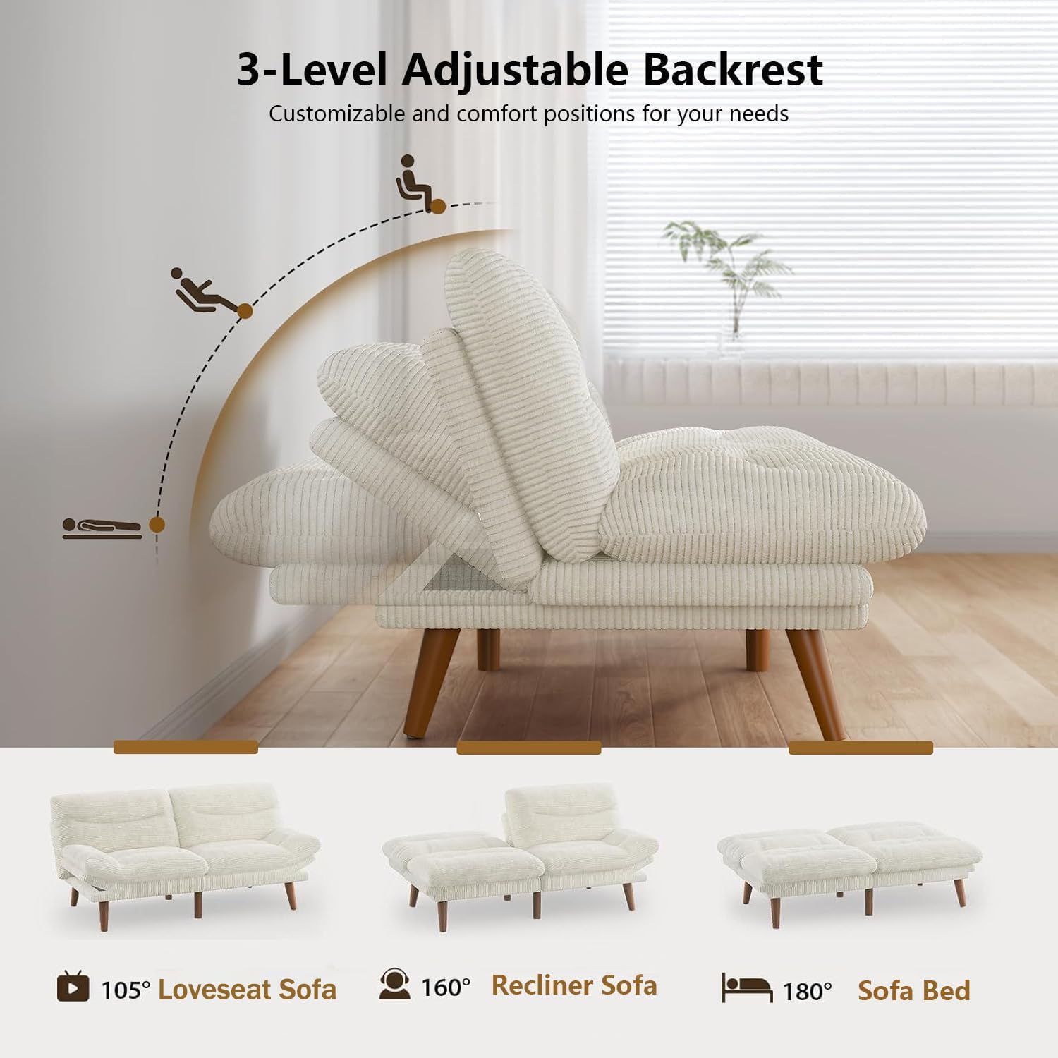 Convertible Futon Sofa Bed, 66 Inch Corduroy Futon Sofa Recliner Sofa Bed for Small Spaces, Playrooms or Offices wourant
