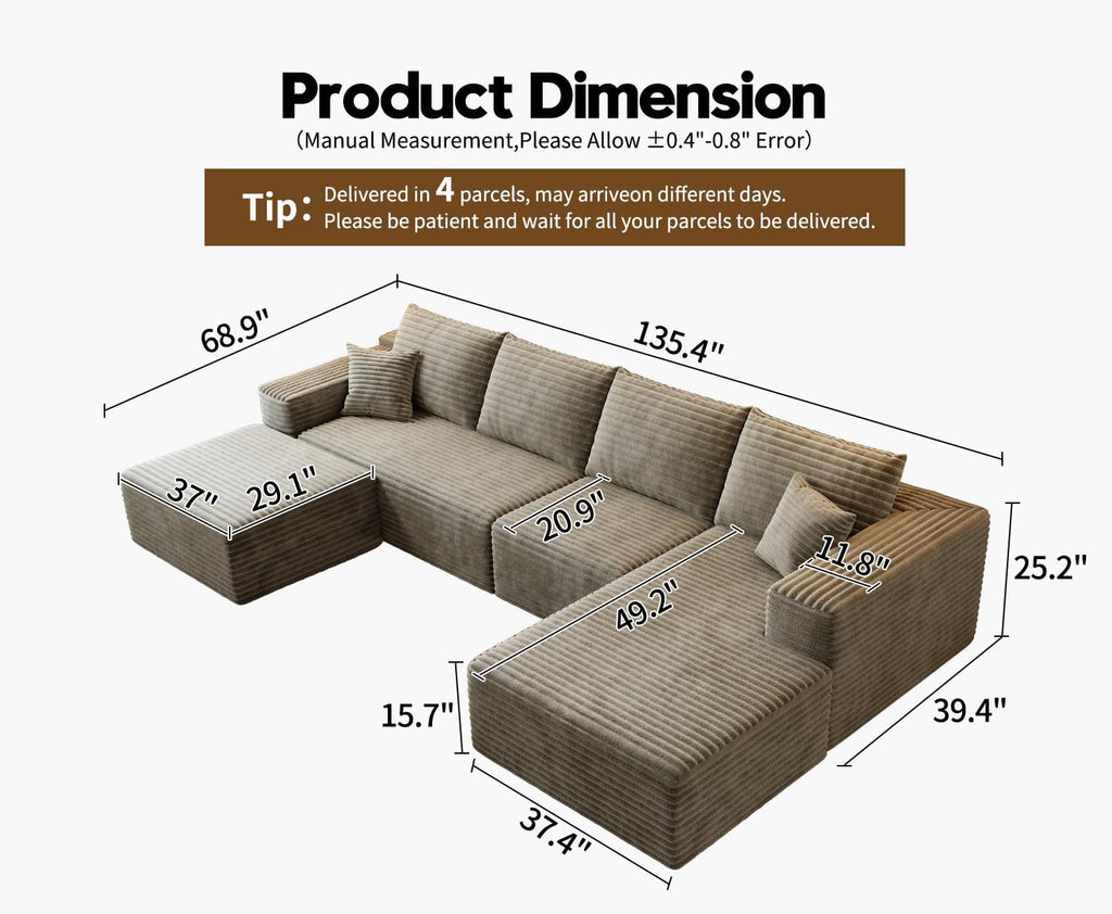 107.5 inch Cloud Modular Sectional Sofa with L-Shaped Chaise Lounge, Modern Minimalist Upholstered Sofa Deep Seating Corner Sofa wourant