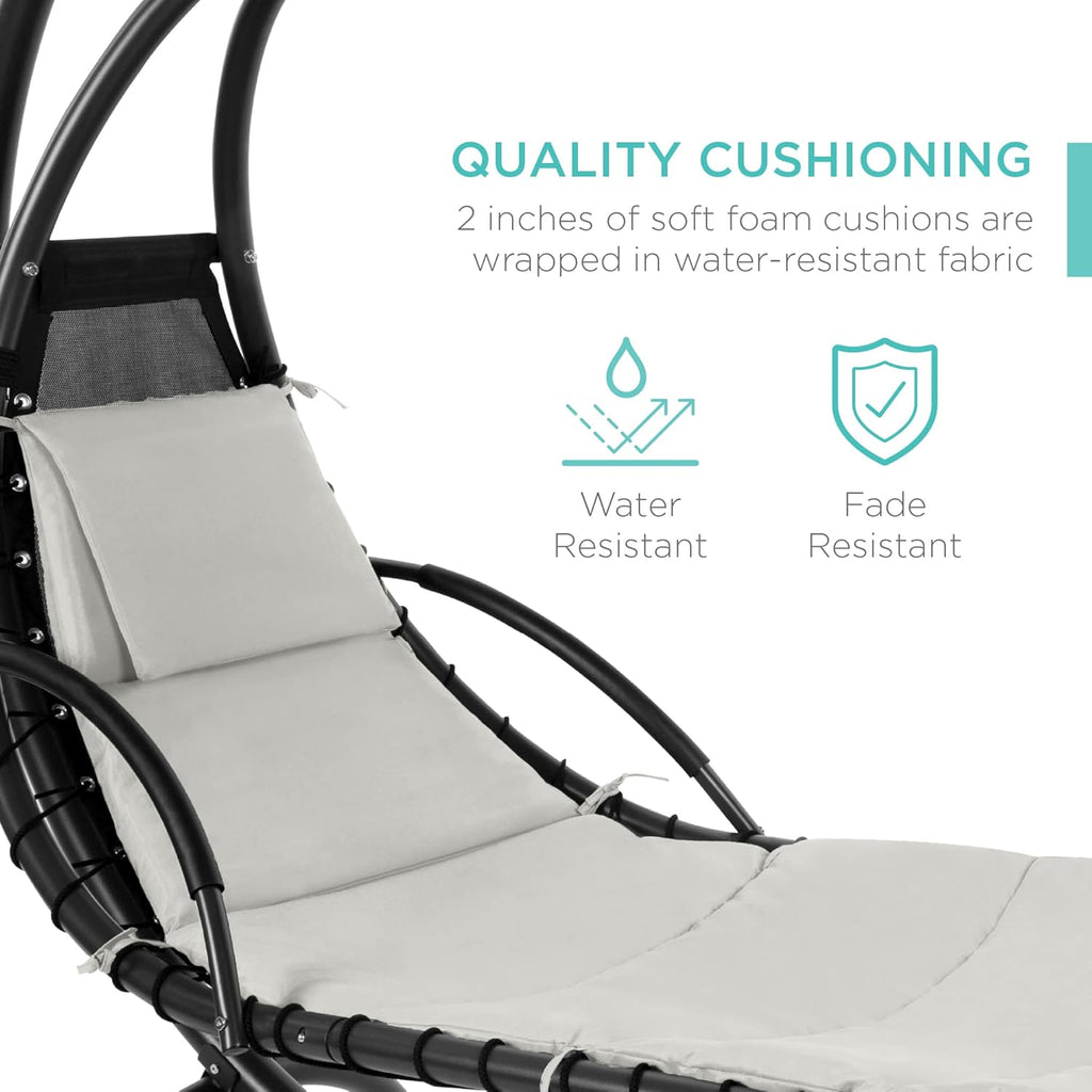 Best Choice Products Outdoor Hanging Curved Steel Chaise Lounge Chair Swing w/Built-in Pillow and Removable Canopy - Charcoal Gray wourant