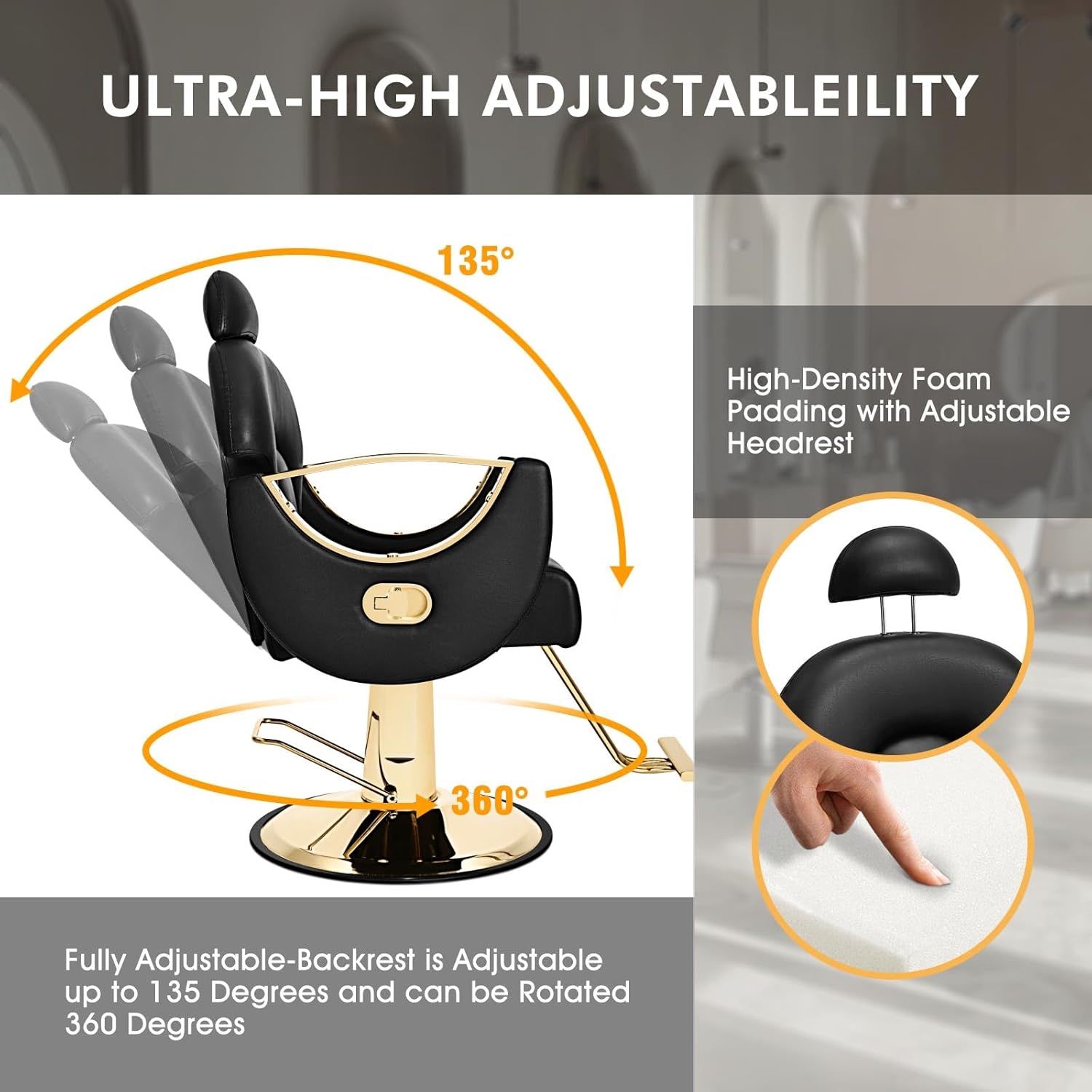 Artist Hand Salon Chair Reclining Barber Chair Oversized Hydraulic Pump Heavy Duty Hair Salon Chair 360 Degree Swivel Hair Chair for Hair Stylist, Beauty Spa Equipment Max Load 400 LBS, Black and Gold wourant