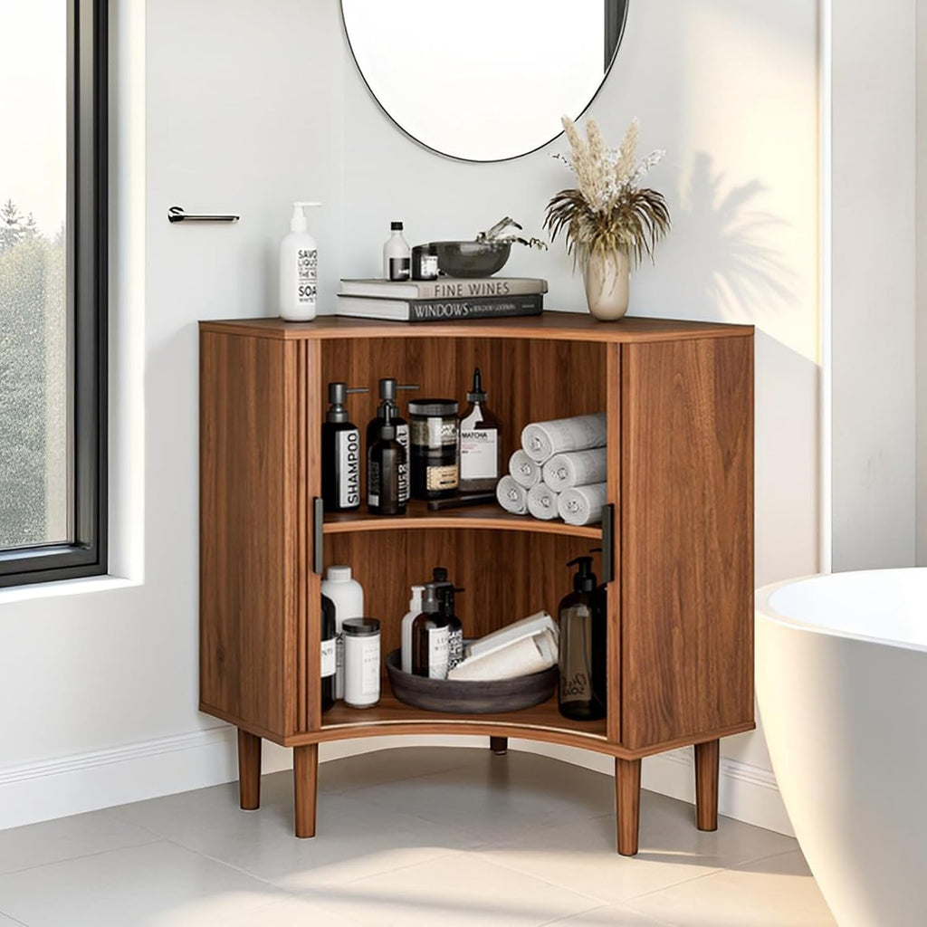 Fluted corner cabinet, small corner base cabinet modern wooden storage organizer wourant