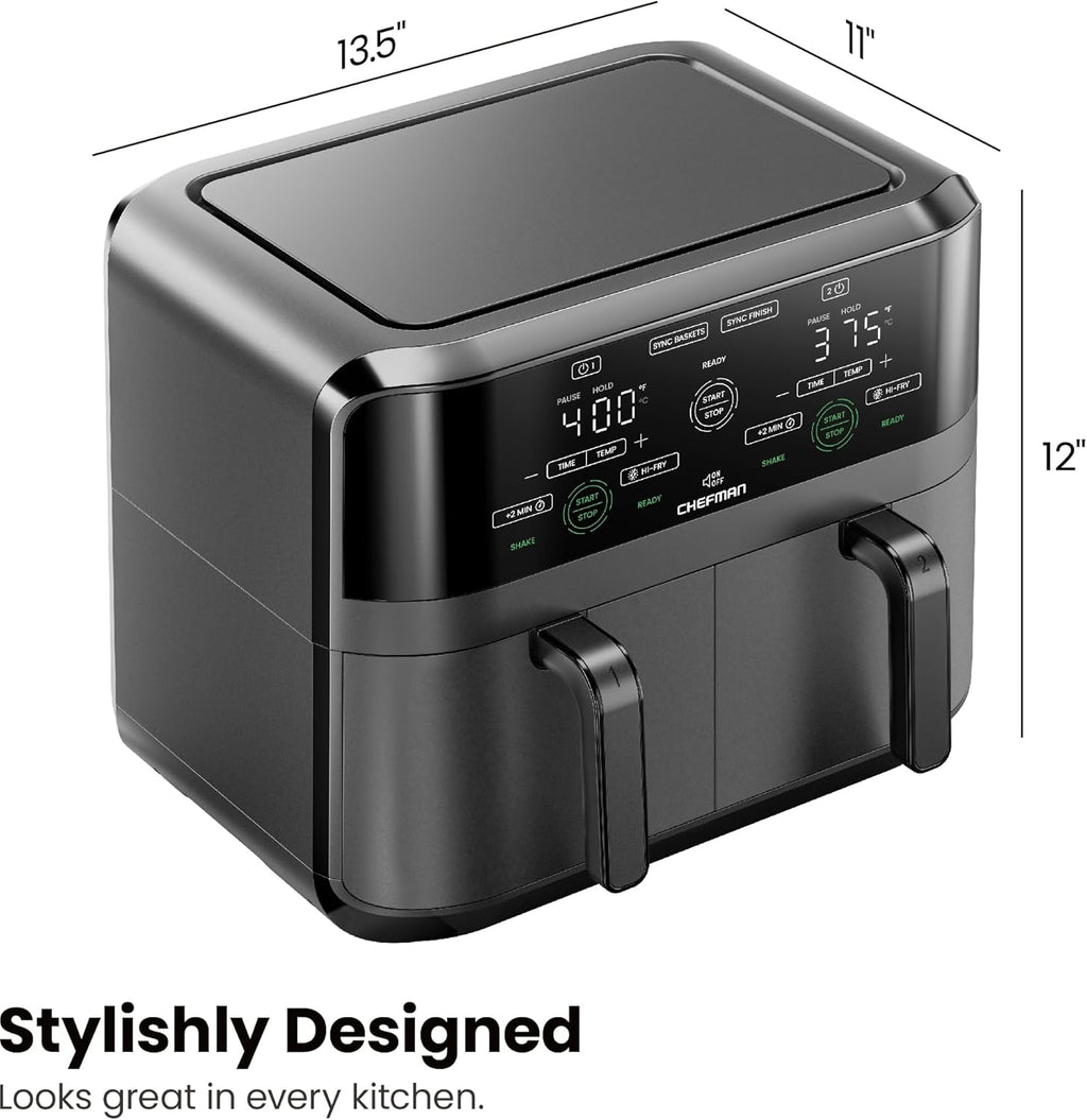 Chefman 6 Quart Dual Basket Air Fryer - Digital Touchscreen, Smart Sync Finish, Hi-Fry, Auto Shutoff, 2 Independent 3QT Nonstick Dishwasher-Safe Frying Baskets - Digital Double Air Fryer - Black wourant