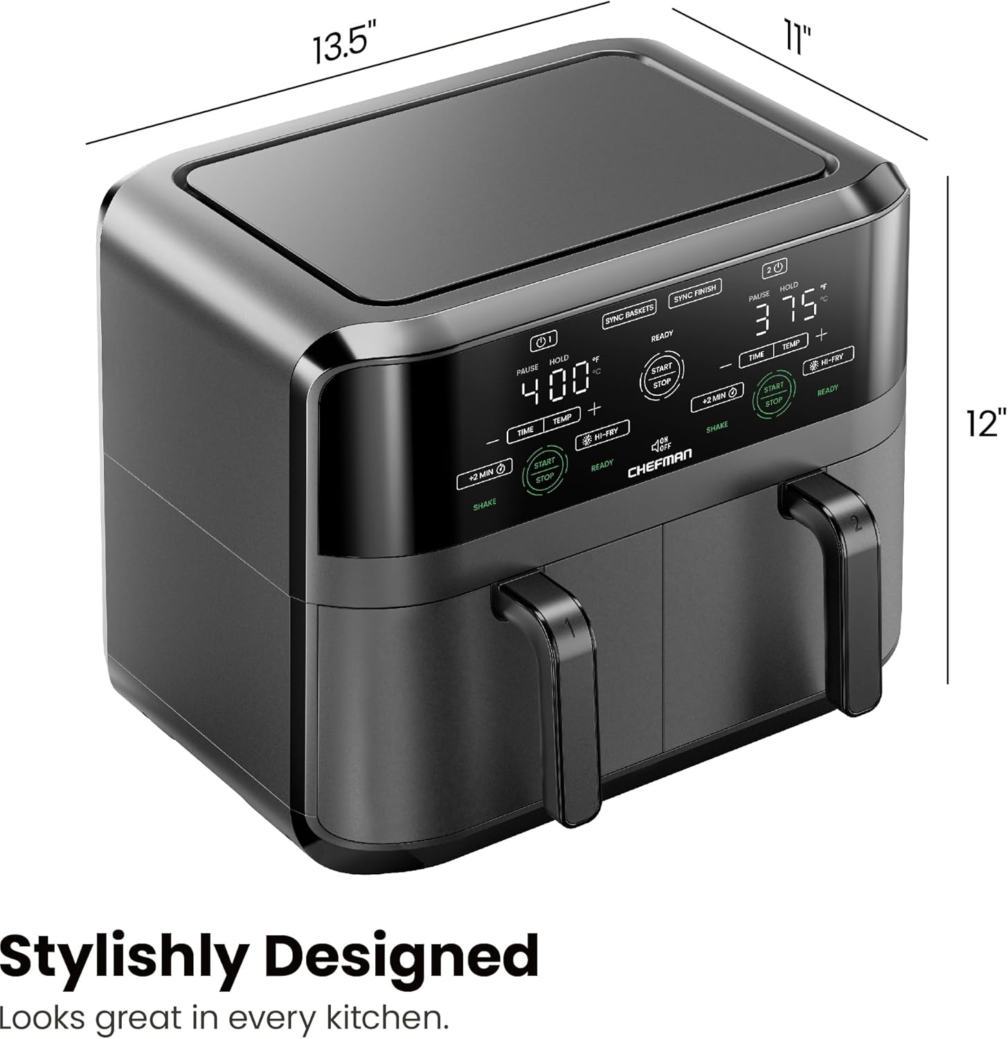 Chefman 6 Quart Dual Basket Air Fryer - Digital Touchscreen, Smart Sync Finish, Hi-Fry, Auto Shutoff, 2 Independent 3QT Nonstick Dishwasher-Safe Frying Baskets - Digital Double Air Fryer - Black wourant