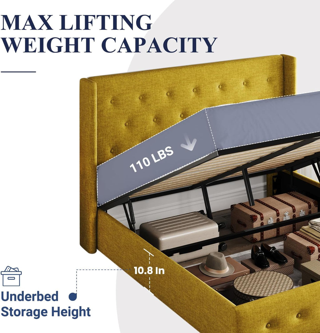 Allewie Queen Size Lift Up Storage Bed Modern Wingback Headboard Hydraulic Support wourant