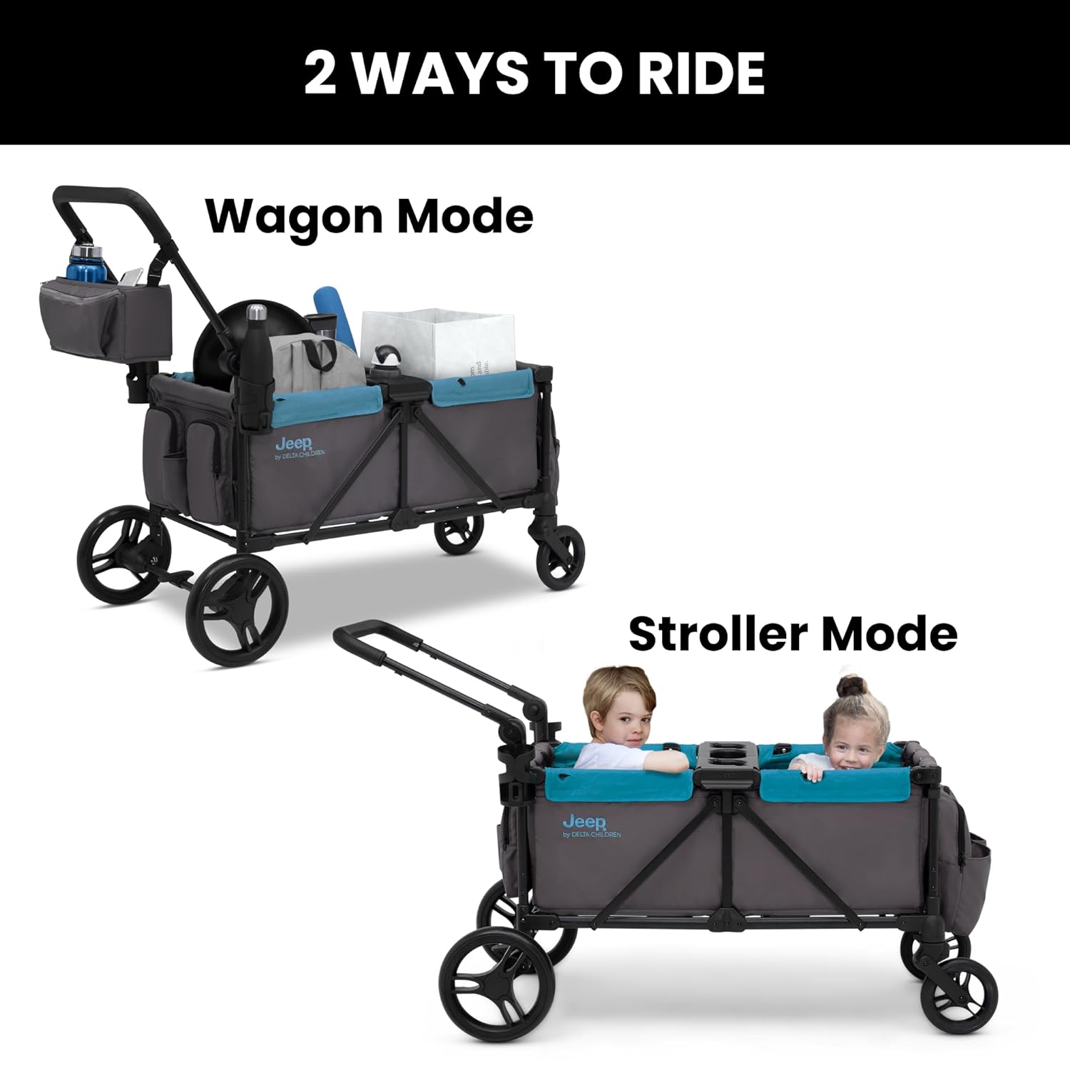 Jeep Sport All-Terrain Stroller Wagon by Delta Children - Includes Canopy, Parent Organizer, Adjustable Handlebar, Snack Tray & Cup Holders, Grey/Olive Green wourant