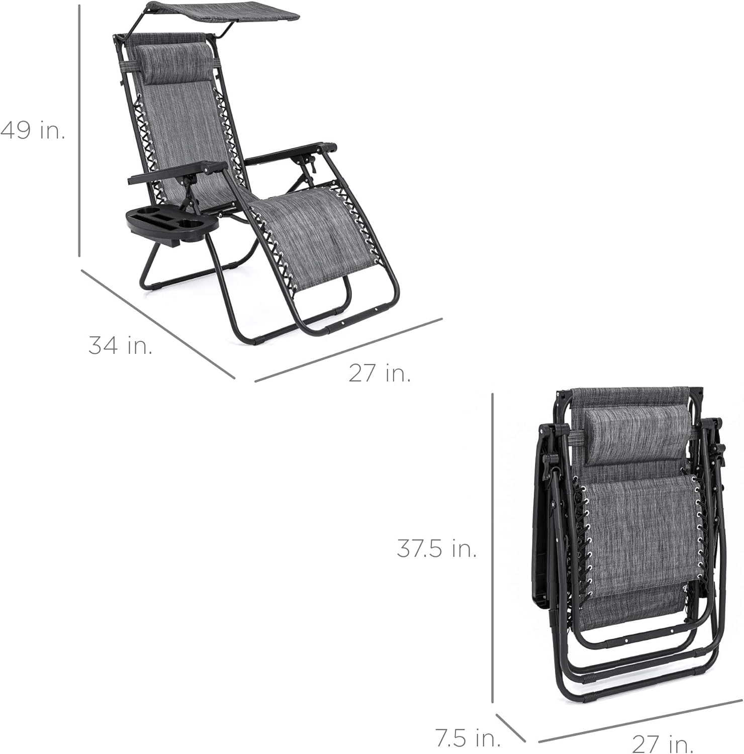 Best Choice Products Folding Zero Gravity Outdoor Recliner Patio Lounge Chair w/Adjustable Canopy Shade, Headrest, Side Accessory Tray, Textilene Mesh - Peacock Blue wourant