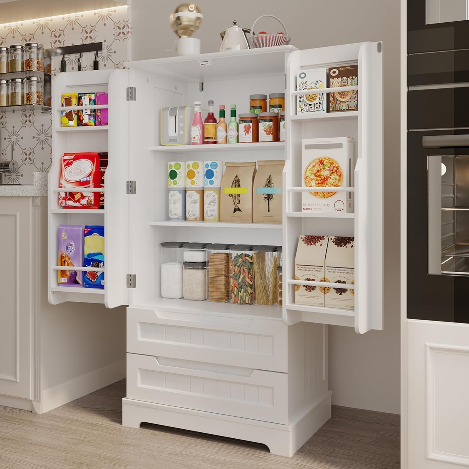 Gizoon Kitchen Pantry Cabinet with Drawers Freestanding Bathroom Storage Cabinet with Doors and Shelves, 47 Inch Small Pantry Cabinet wourant