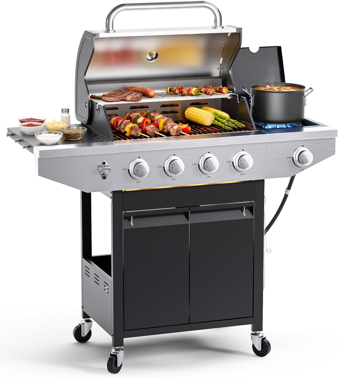 4-Burner Propane Gas BBQ Grill with Side Burner 46500 BTU Output Stainless Steel Barbecue Grill wourant
