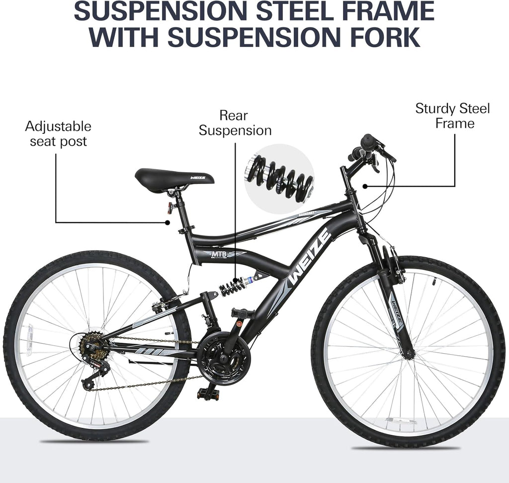 WEIZE Mountain Bike, 26 27.5 inch Outdoor Hybrid Bikes,18-Speed/High-Carbon Steel/Dual Full Suspension, Adjustable Ergonomic Seat for Men Women Adult, MTB Bicycle with Suspension Fork,Sleek Colors wourant