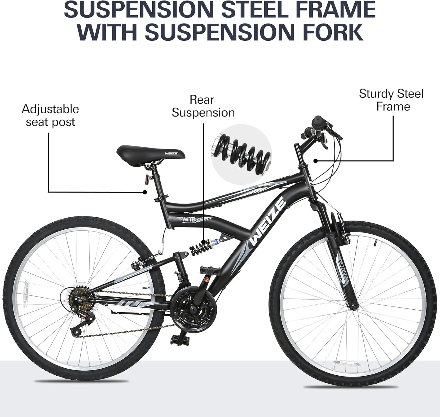 WEIZE Mountain Bike, 26 27.5 inch Outdoor Hybrid Bikes,18-Speed/High-Carbon Steel/Dual Full Suspension, Adjustable Ergonomic Seat for Men Women Adult, MTB Bicycle with Suspension Fork,Sleek Colors wourant