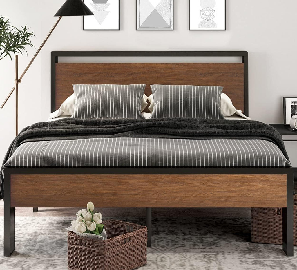 SHA CERLIN 14 Inch Queen Size Metal Platform Bed Frame with Wooden Headboard and Footboard wourant