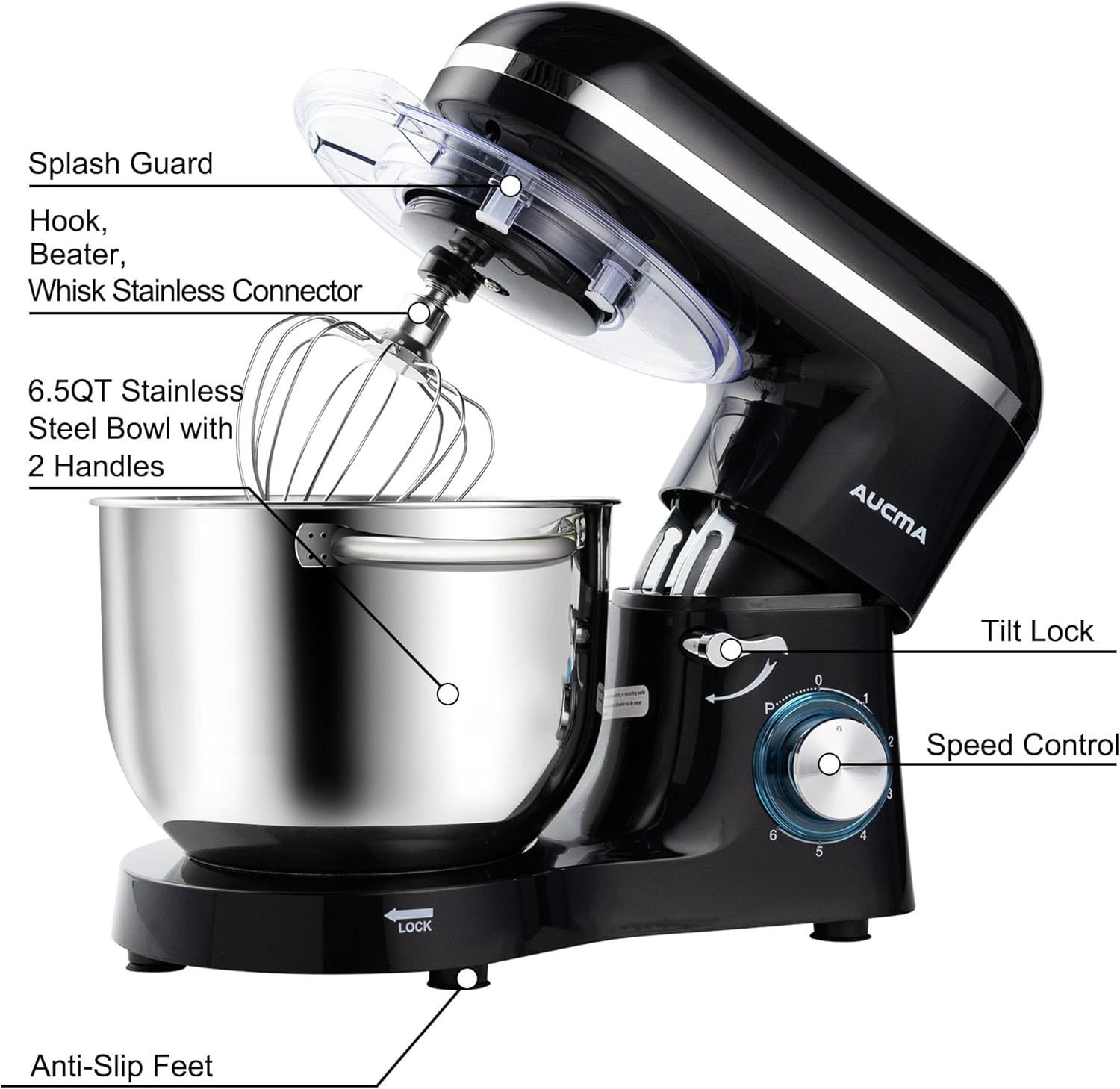 Aucma Stand Mixer,6.5-QT 660W 6-Speed Tilt-Head Food Mixer, Kitchen Electric Mixer with Dough Hook wourant