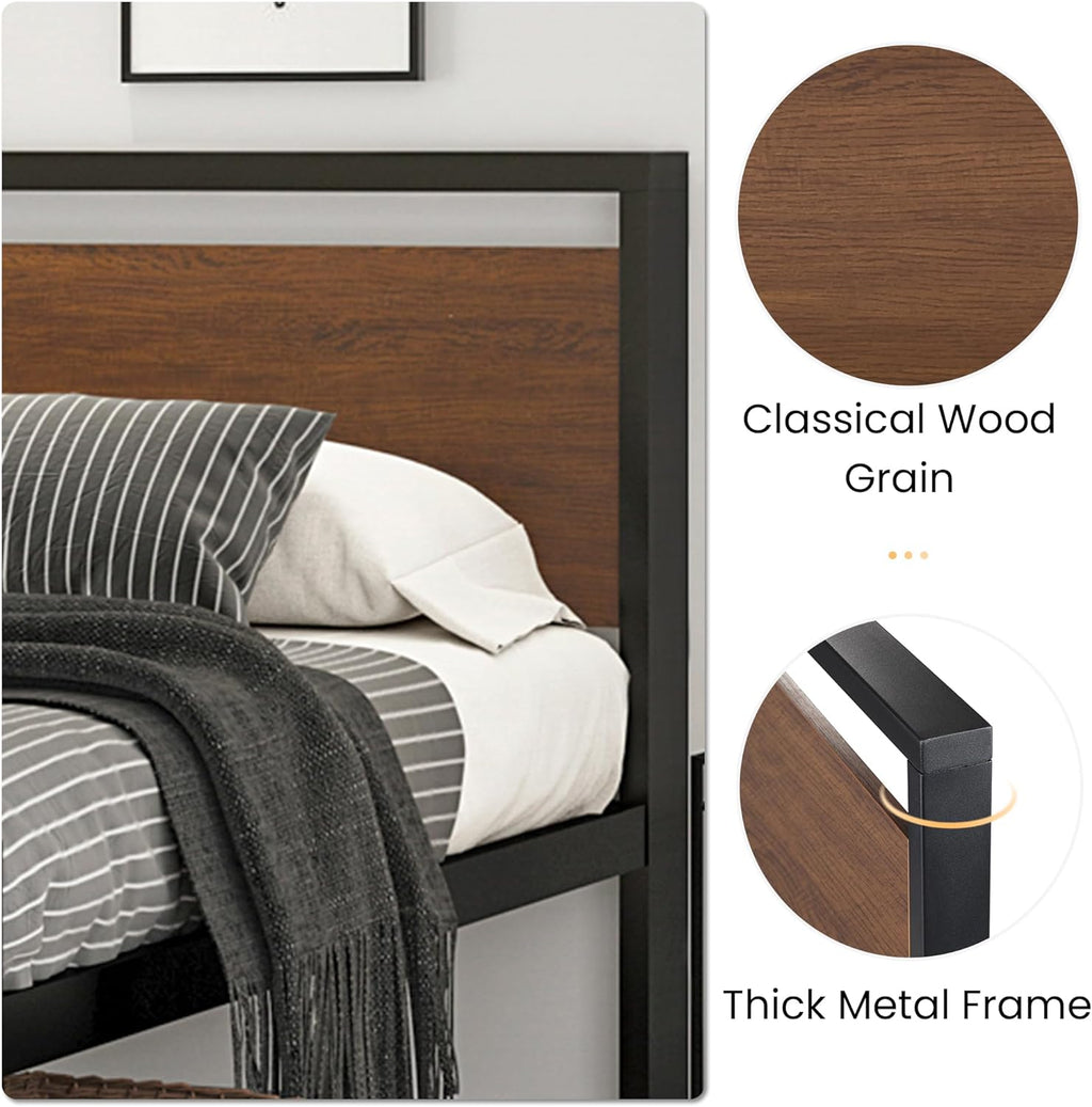 SHA CERLIN 14 Inch Queen Size Metal Platform Bed Frame with Wooden Headboard and Footboard wourant