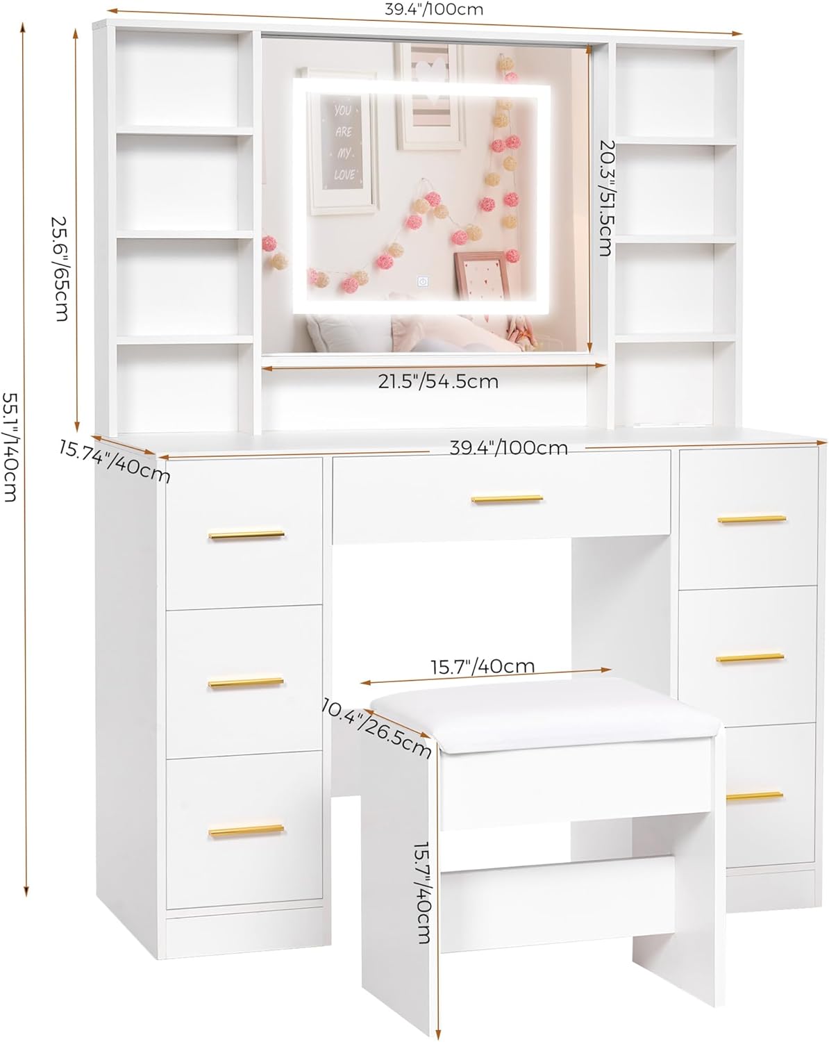 ANWBROAD Vanity Desk Table with Lighted Mirror 39.4 Girls Makeup Vanity wourant