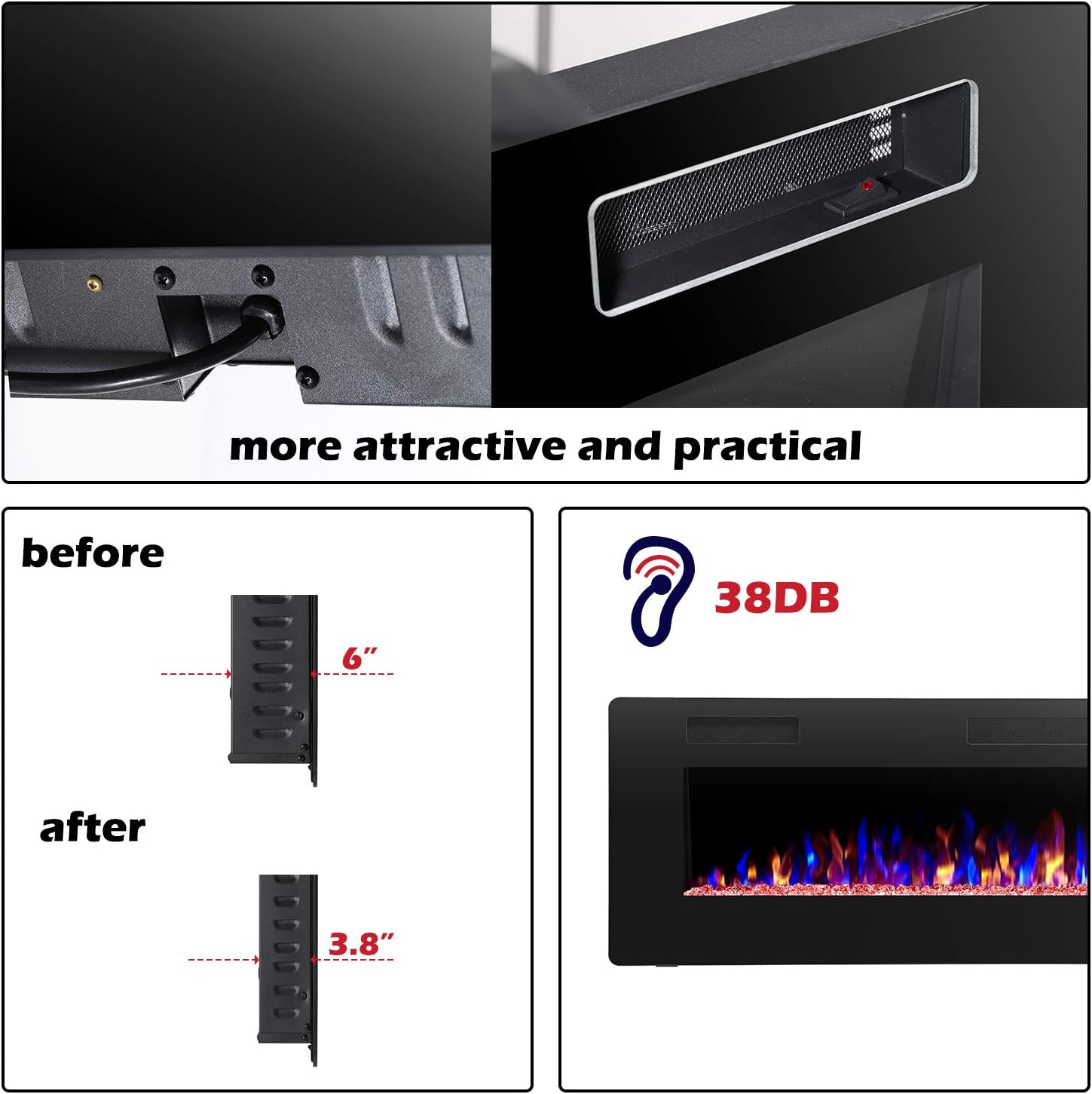 R.W.FLAME 60" Recessed and Wall Mounted Electric Fireplace, Low Noise, Fit for 2 x 6 Stud, Remote Control with Timer, Touch Screen, Adjustable Flame Color and Speed, 750-1500W wourant