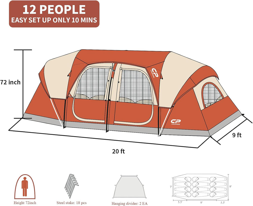 CAMPROS CP Tent 12-Person-Camping-Tents,3 Room Family Tents,Waterproof Windproof Family Tent with Top Rainfly,6 Large Mesh Windows,Double Layer,Easy Set Up, Portable with Carry Bag-20' x 9' x 72"(H) wourant