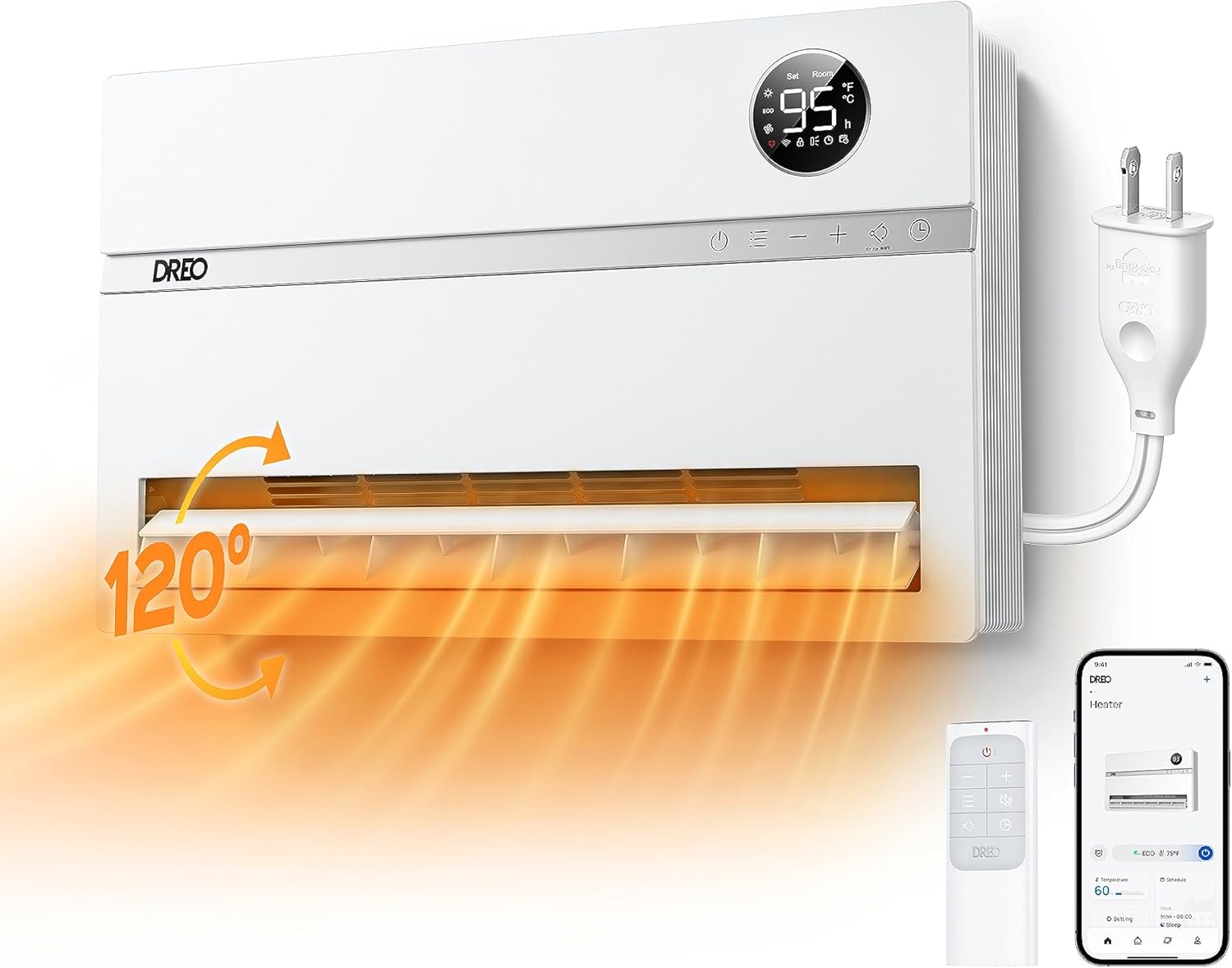 Dreo Smart Wall Heater, Electric Space Heater for Bedroom 1500W, 120° Vertical Oscillation, Adjustable Thermostat, Remote Control, 24H Timer, Easy-Mount Heater for Indoor Use, Works with Alexa, WH719S wourant