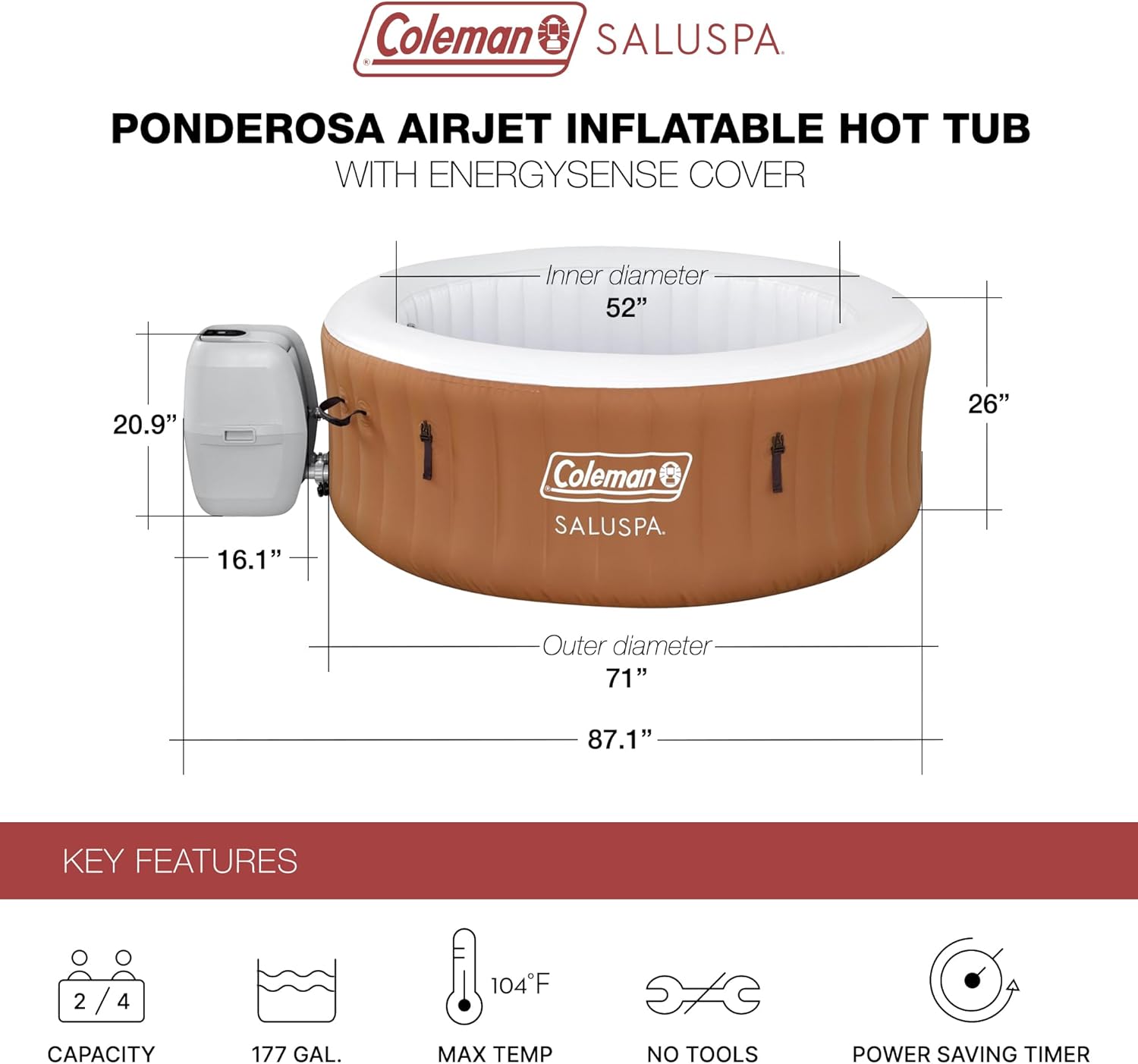 Coleman SaluSpa Miami AirJet 2 to 4 Person Round Inflatable Hot Tub Portable Outdoor Spa with 120 Soothing AirJets and Insulated Cover, Black wourant