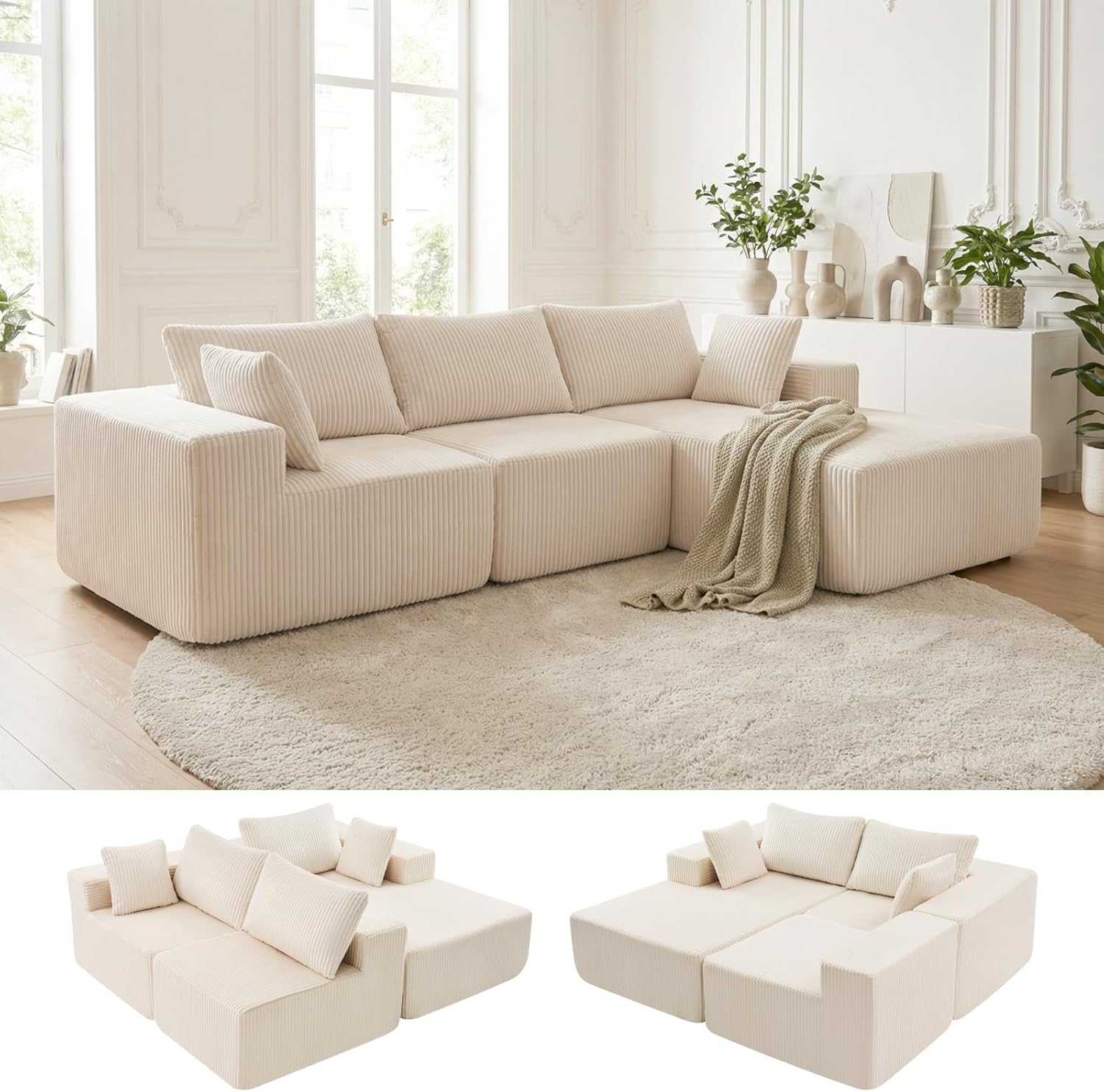 DUMOS 108" Boneless Couch, Cloud Sectional Couch with L-Shape Chaise, Modular Sectional Sofa with Deep Seat, Upholstered Couch for Living Room Bedroom, No Assembly Required (Grey, Left Facing Chaise) wourant