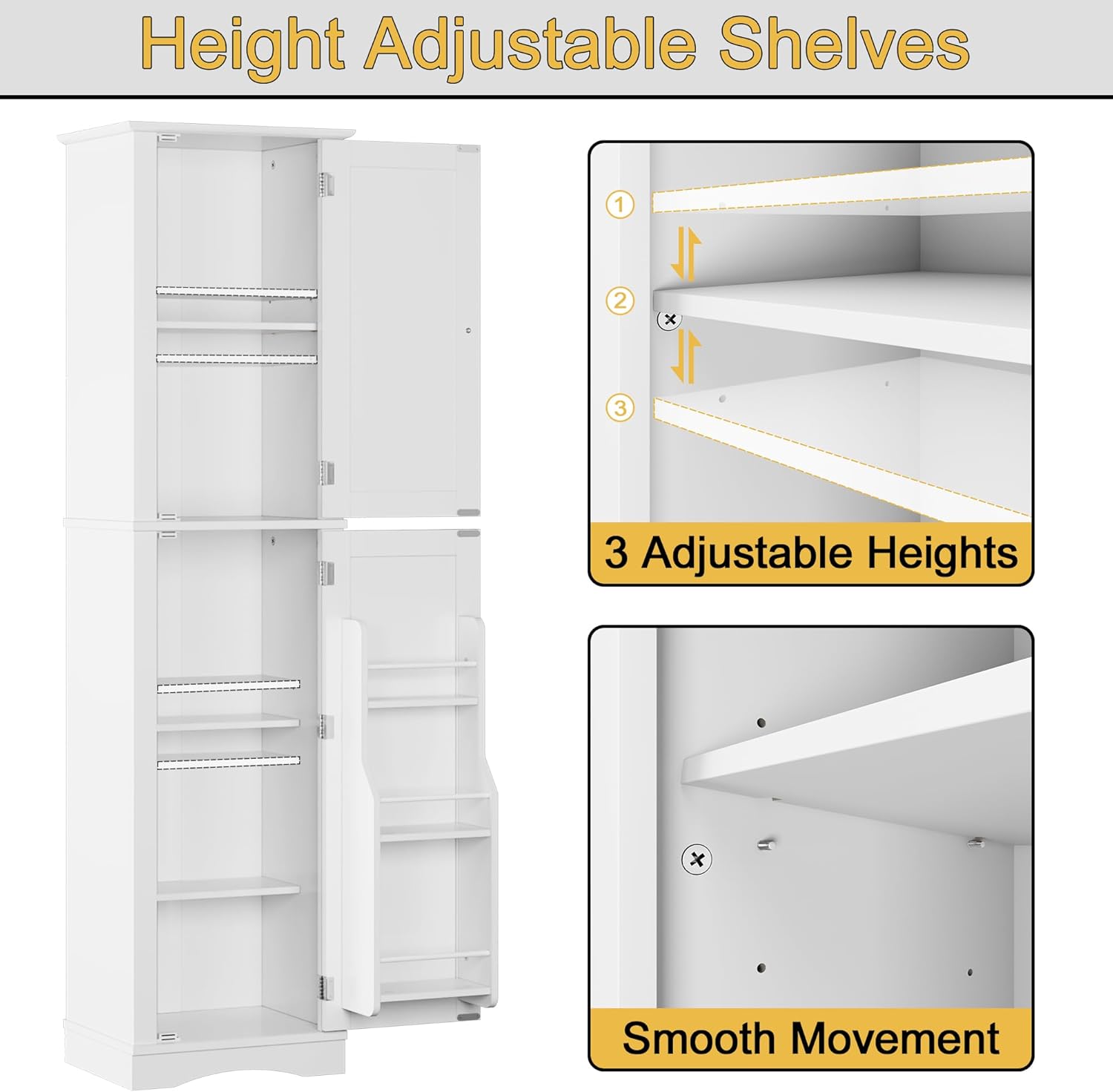 Tall Pantry Cabinet, Freestanding Storage Cabinet, Wooden Kitchen Pantry with 4 Doors and 5 Shelves, 72" Floor Cabinet Organizer wourant