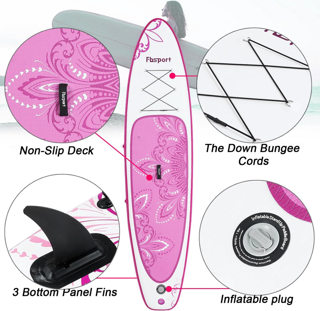 FBSPORT 11' Premium Stand Up Paddle Board, Yoga Board with Durable SUP Accessories & Carry Bag | Wide Stance, Surf Control, Non-Slip Deck, Leash, Paddle and Pump for Youth & Adult wourant