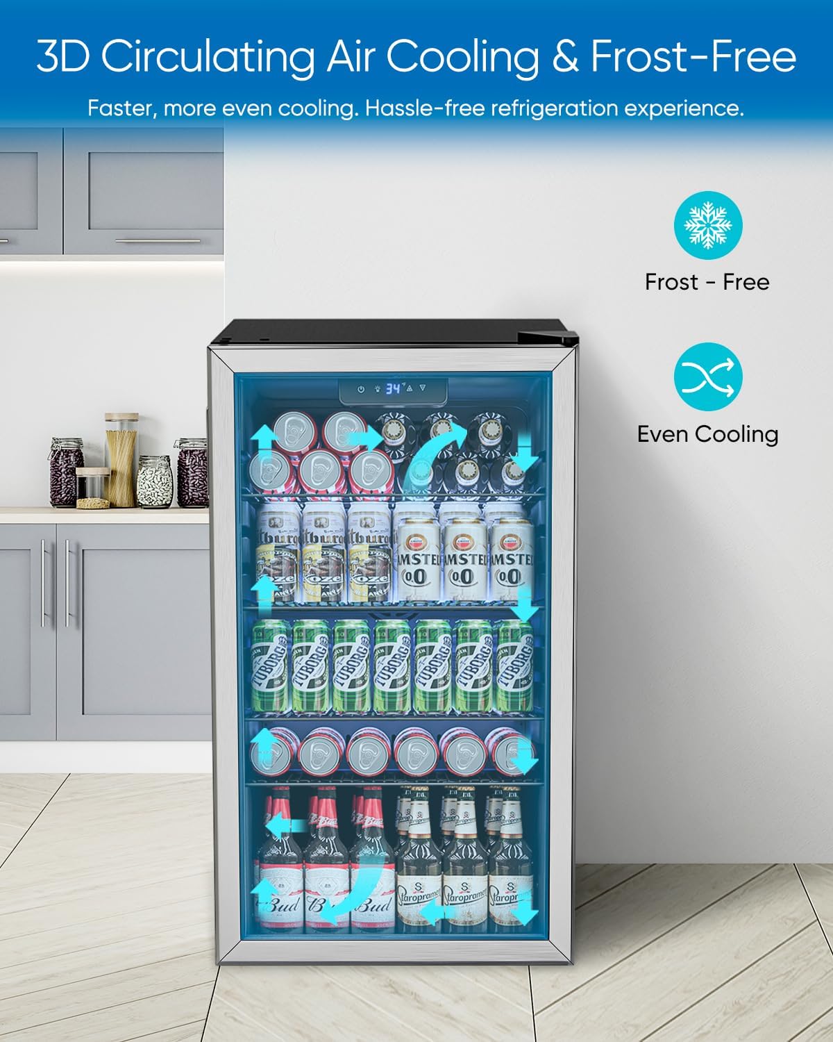 Beverage Refrigerator Cooler - 126 Can Mini Fridge Glass Door for Drinks Soda Beer Wine - Small Refrigerator for Office Bedroom Home Bar, 4 Adjustable Shelves, 3.2 Cu.Ft, Silver wourant