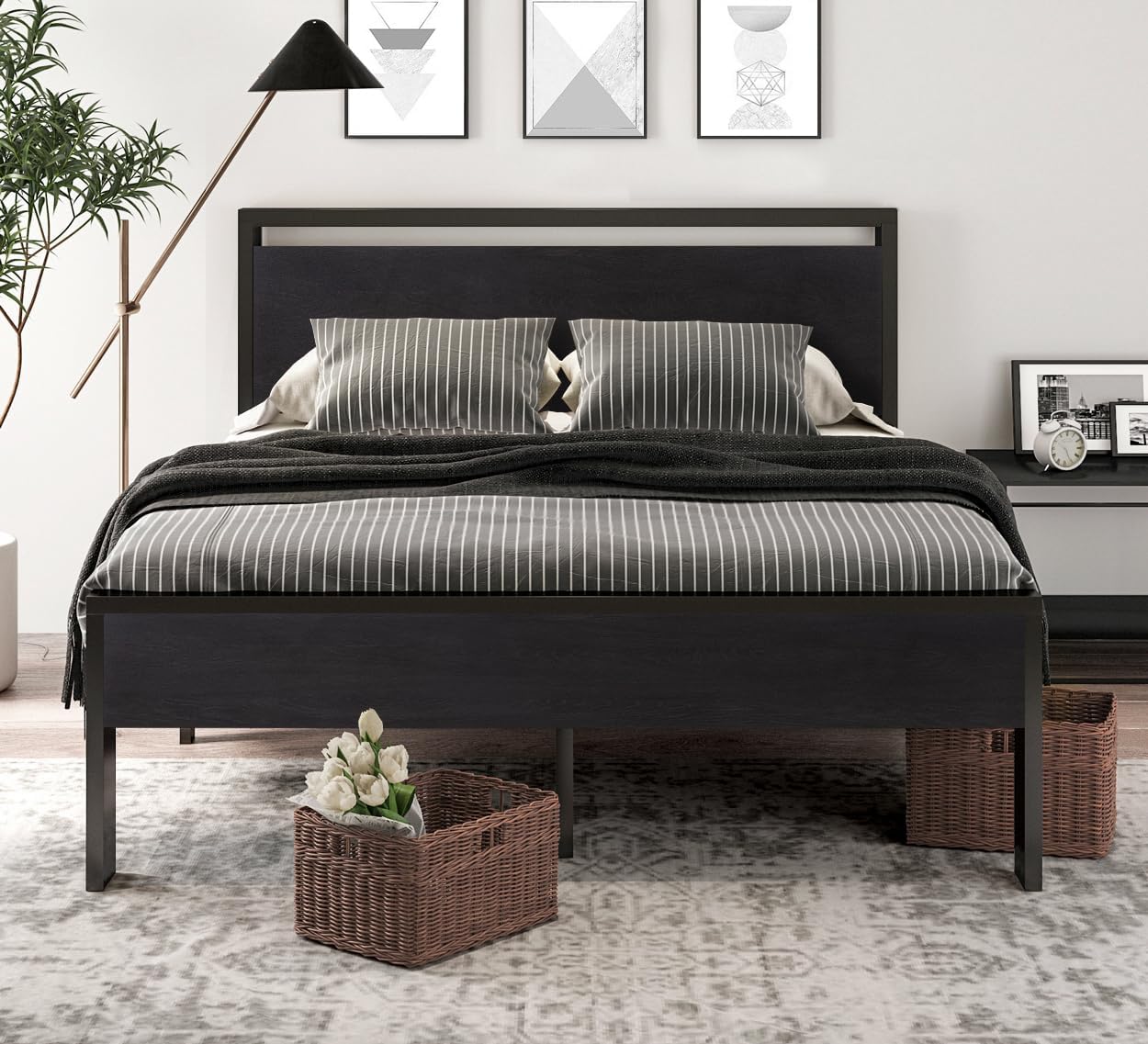 SHA CERLIN 14 Inch Queen Size Metal Platform Bed Frame with Wooden Headboard and Footboard wourant