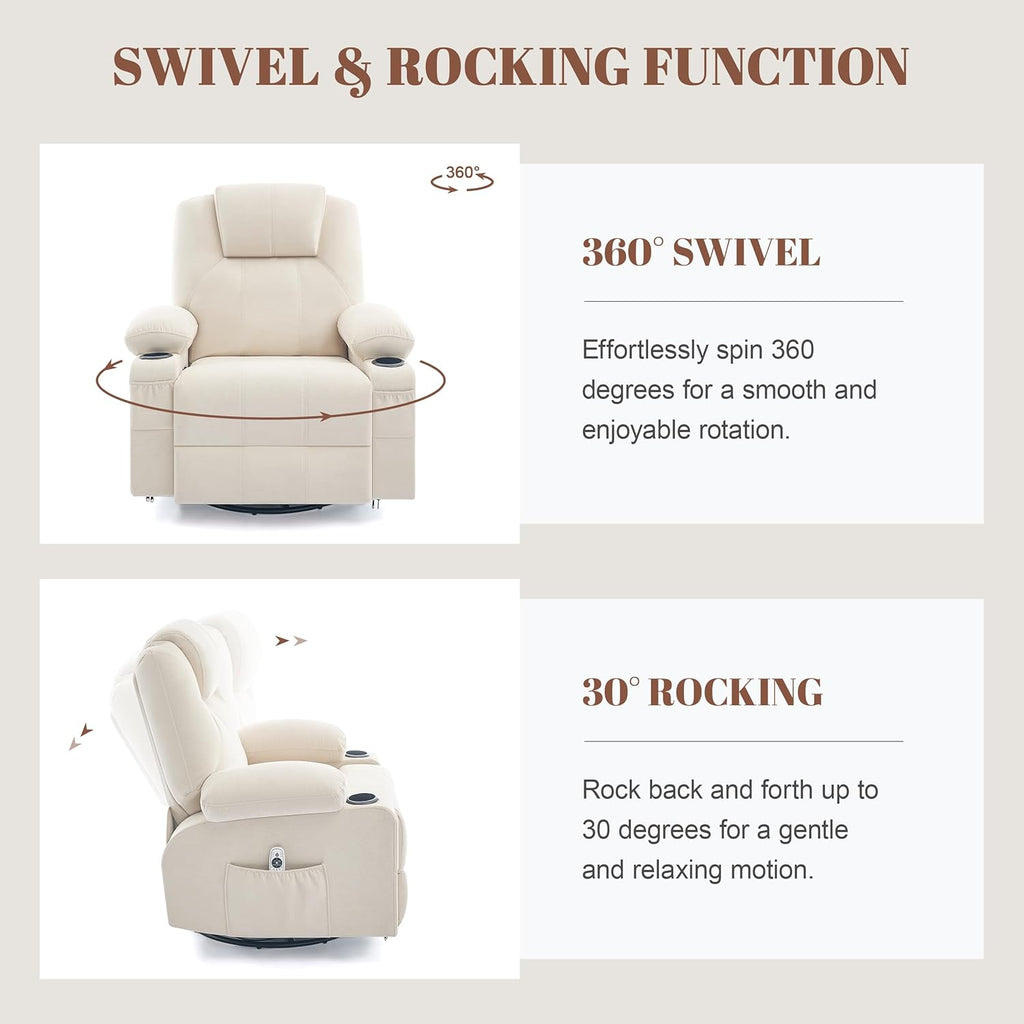 Large Swivel Rocking Recliner with Heating and Massage Function, 360 Degree Swivel Rocking Single Sofa wourant