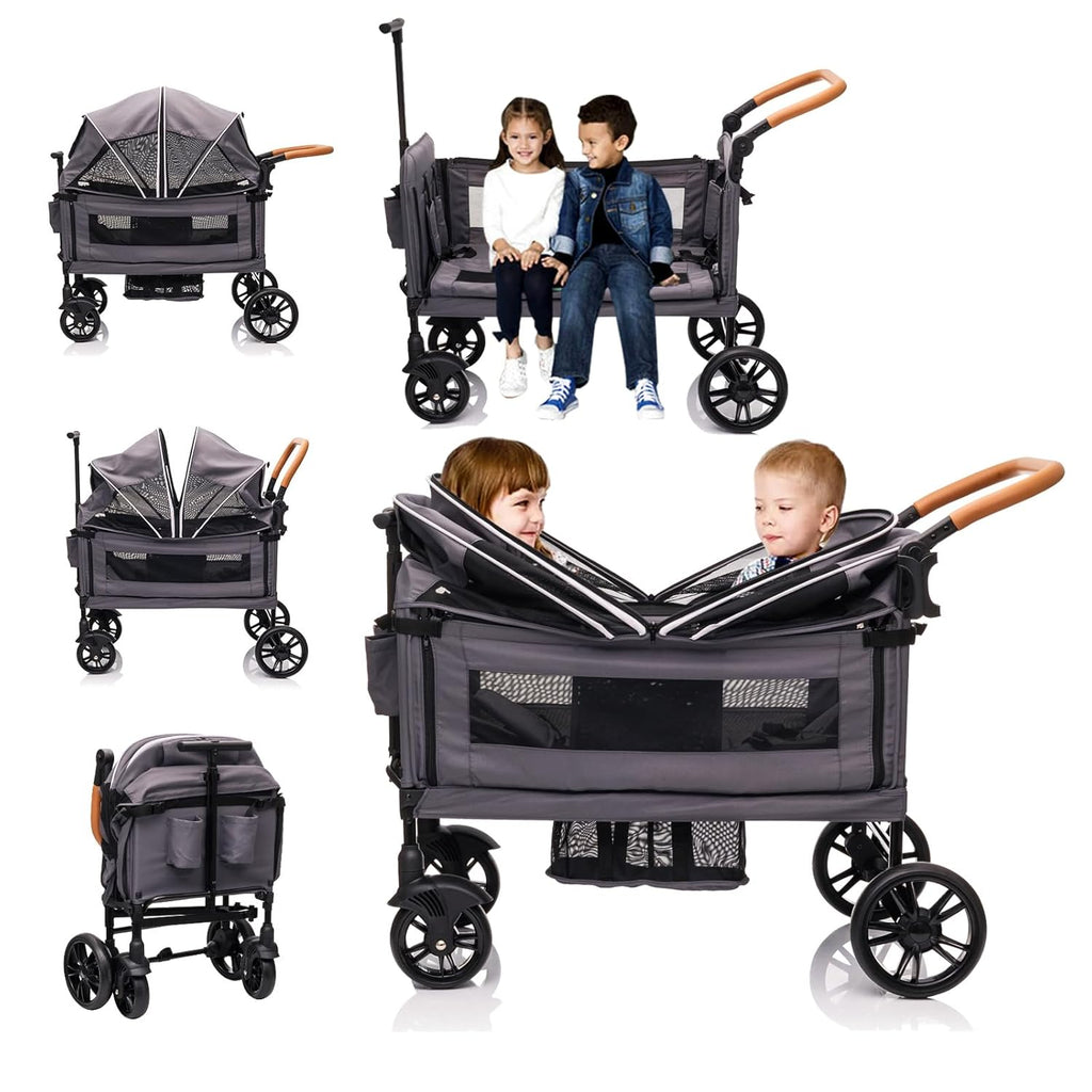 Wagon Stroller for 2 Kids & Cargo-Travel Stroller Push-Pull Double Wagon Lightweight Folding Stroller for Newborn&Toddler with 5-Point Harness,Adjustable Handle Bar and Canopy,Tray Table,Cup Holder wourant